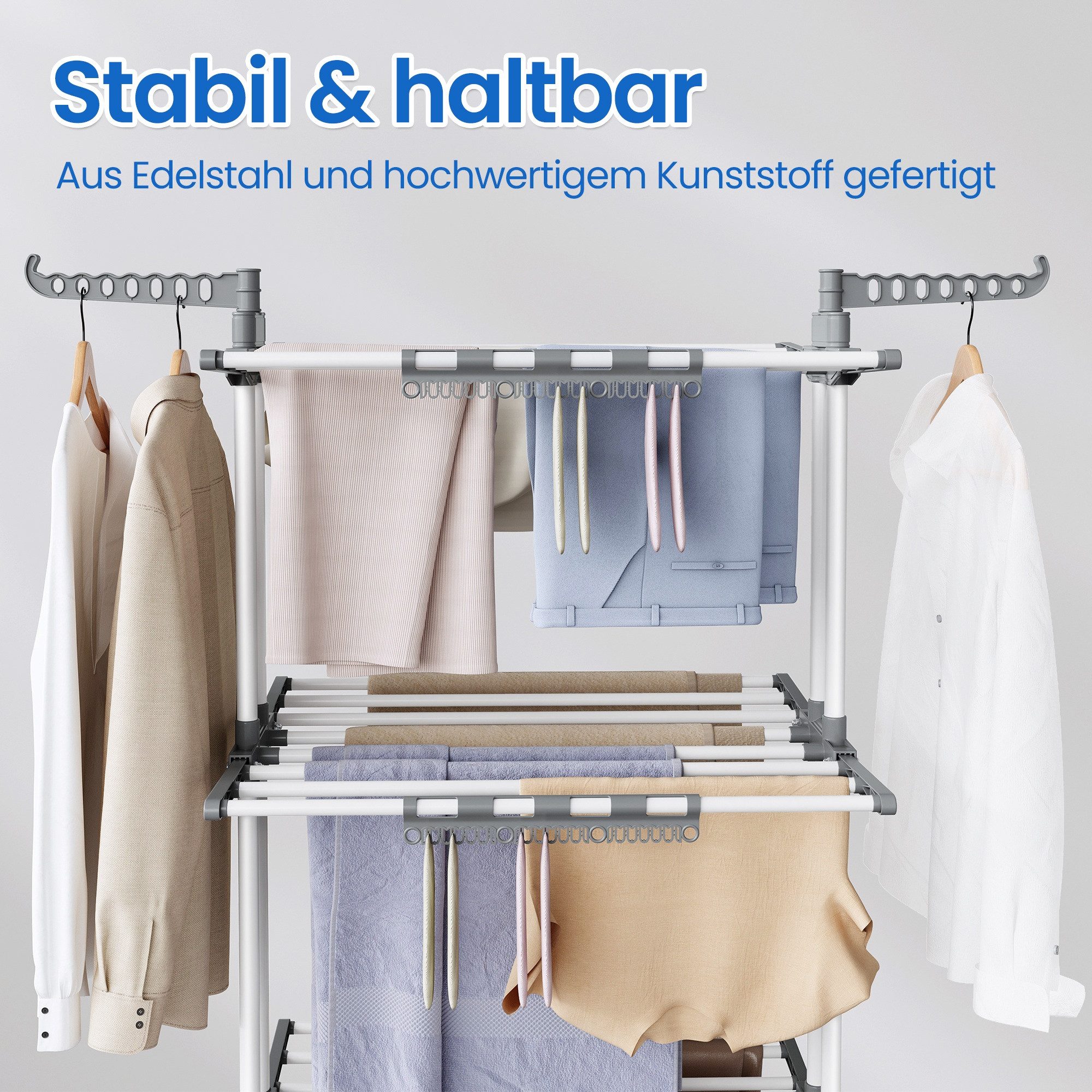 SONGMICS Wäscheständer Turm Standtrockner 4 Ebenen, Flügelwäscheständer, einfacher Aufbau, klappbare Flügel, mit Rollen, 63,5 x 125,5 x 173 cm – Bild 4 von 5