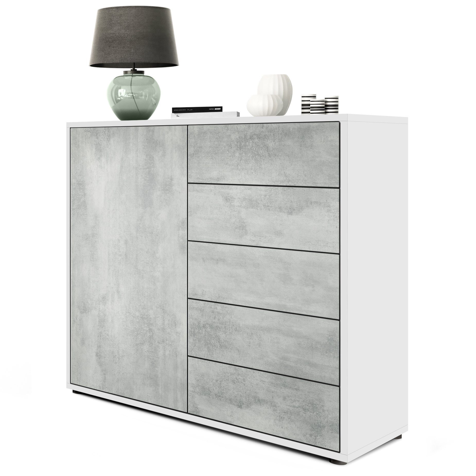 Vladon Kommode Ben V2 (Kommode, mit 1 Tür und 5 Schubladen), Weiß matt/Beton Oxid-Optik (79 x 74 x 36 cm)