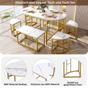 Ulife Essgruppe Esstisch 140*70*75cm mit 6 Samt Hocker MDF-Sitzfläche, (7-tlg)