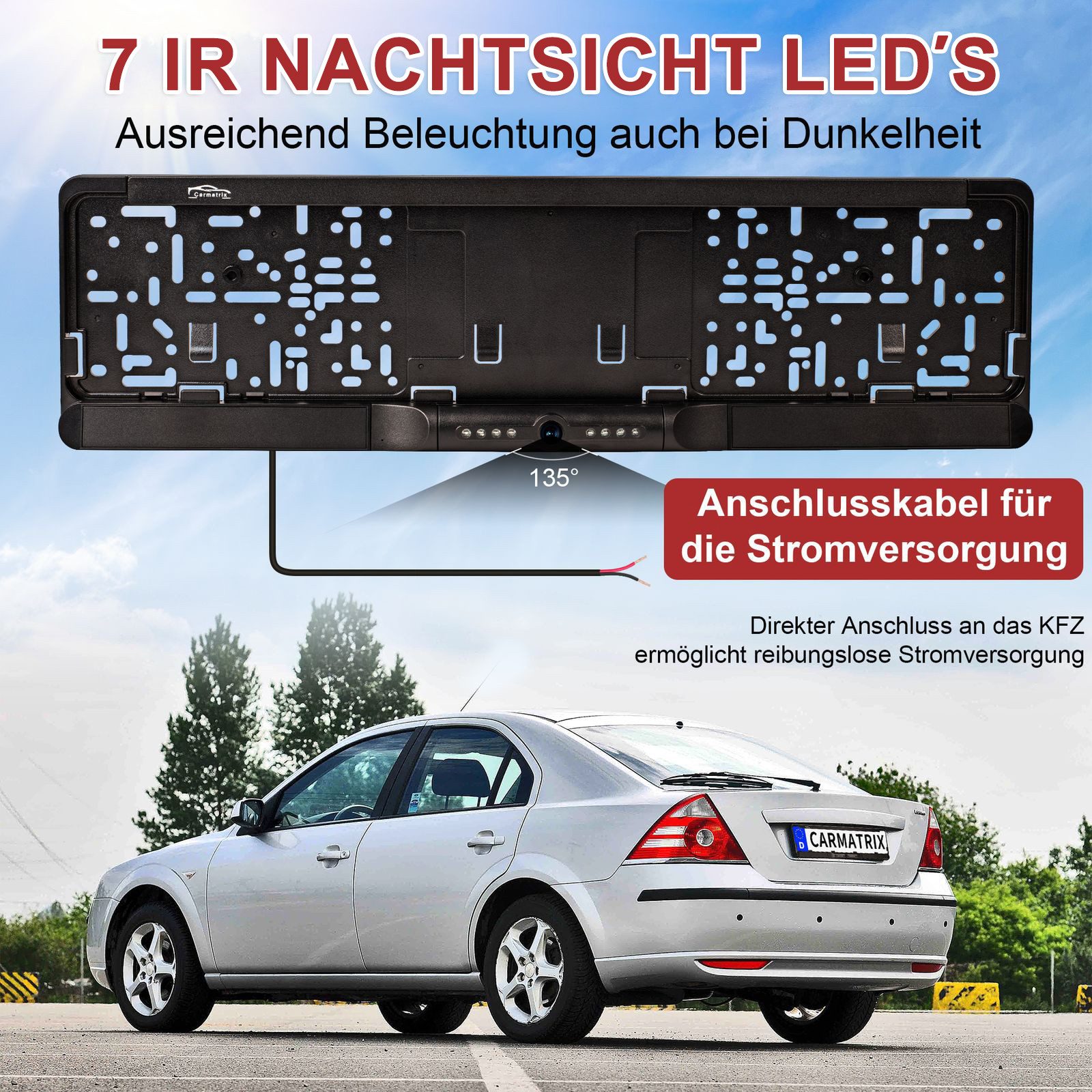 CARMATRIX D43 Rückfahrkamera (Auto WLAN Funk Rückfahrsystem im Nummernschild Kennzeichenhalter, Rückfahrkamera Digital kabellose Einparkhilfe zum nachrüsten APP)