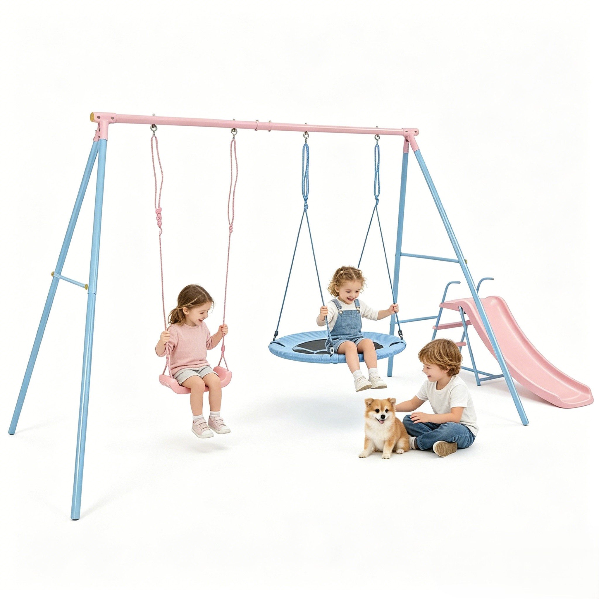 Rolipo Schaukelgestell mit Kinderschaukel & Rutsche & Nestschaukel, 330x136x180 cm, bis 50kg, Geschenke zum Kindertag 3–12 Jahre