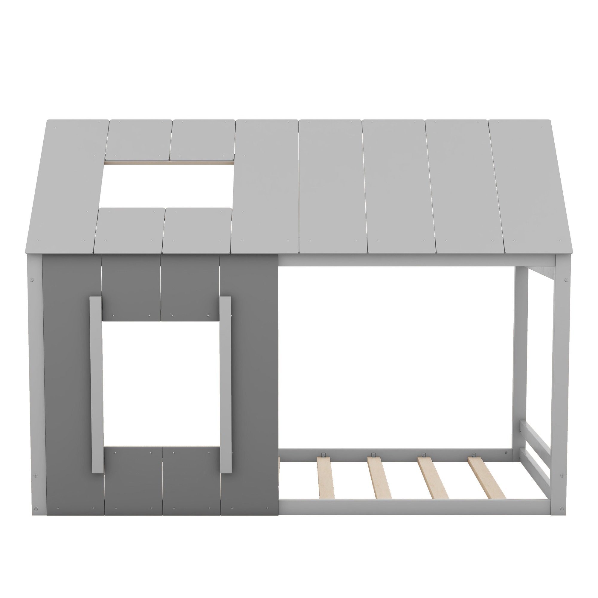 Dach mit und Fenster Kinderbett, Massivholz Einzelbett Hausbett Flieks 90x200cm grau