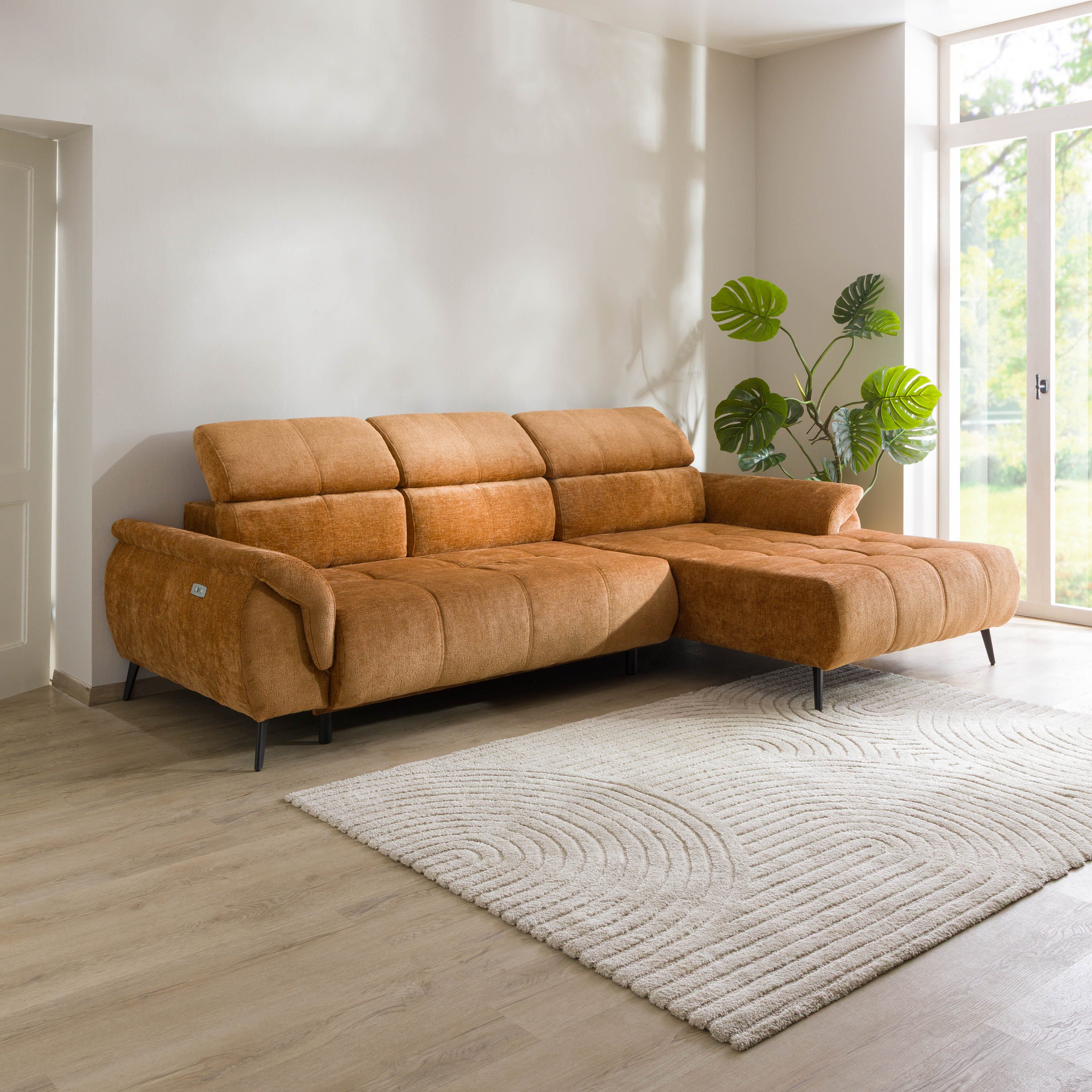 LIVORA Ecksofa SOFAS, Ecksofa Ottomane rechts Chenille 286x184x79 rostfarben VALENTINA