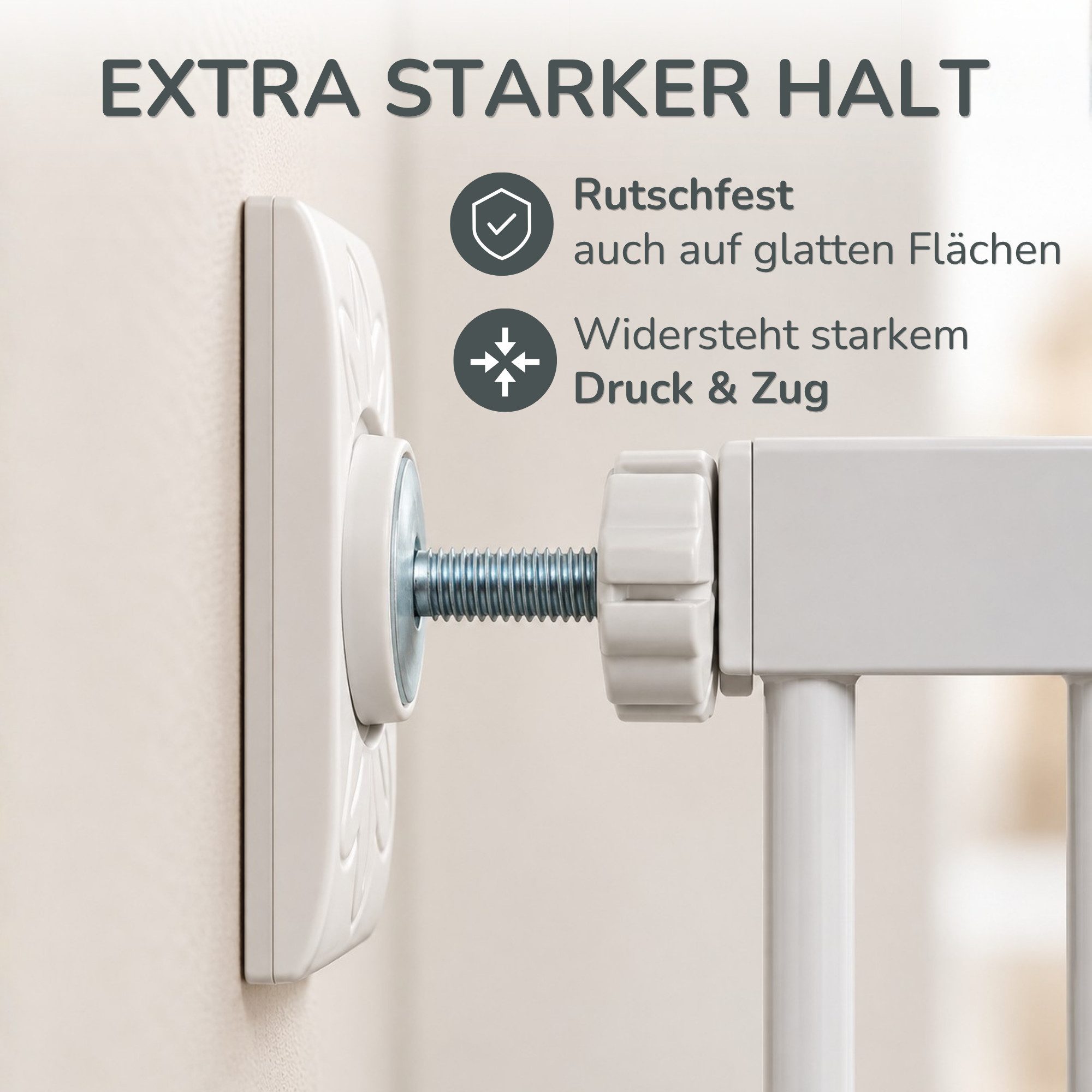 Bronea Treppenschutzgitter 4x Wandschutzpads POWER-GRIP ULTRA für Treppenschutzgitter & Türgitter (Set, Rechteckige Wandschutz & Türschutz für Baby Klemmgitter  – Bild 4 von 5