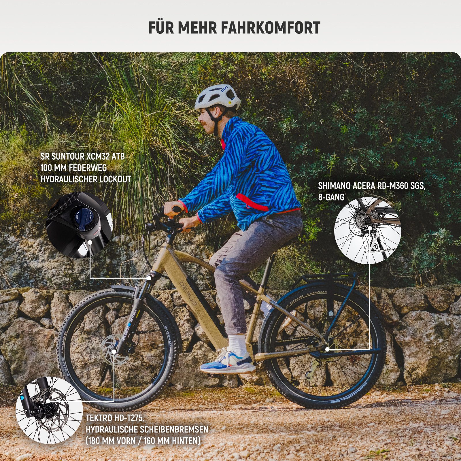 DERUIZ E-Bike Mountainbike 28 zoll Mountainbike für Damen und Herren, Elektrofahrrad 161km, 8 Gang SHIMANO Acera RD-M360 SGS Schaltwerk, Kettenschaltung, Heckmotor, 644 Wh