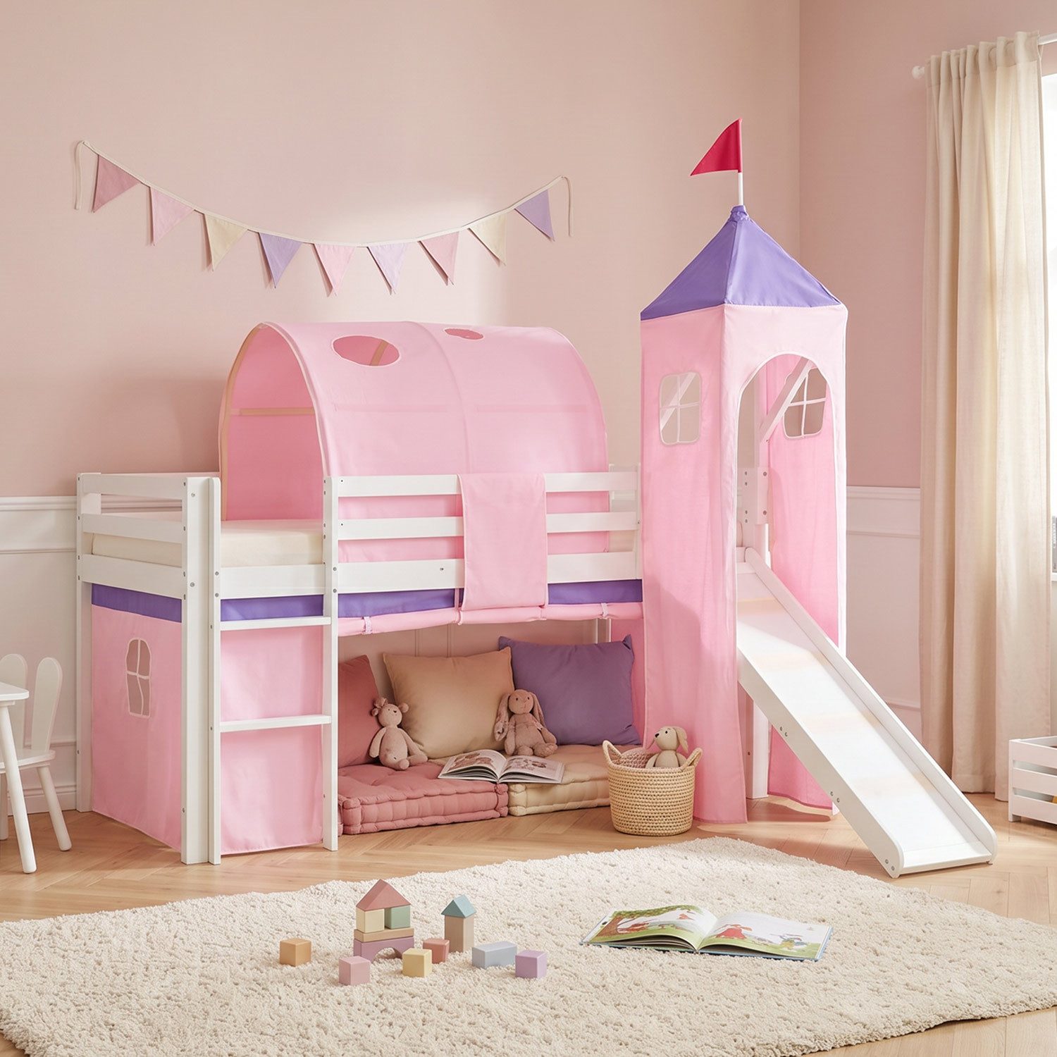 Homestyle4u Hochbett Kinder mit Rutsche mit / ohne Matratze 90x200 Rosa Mädchen (Set, mit Rutsche, Tunnel und Turm, Spielbett) Kiefer, Jungen Mädchen