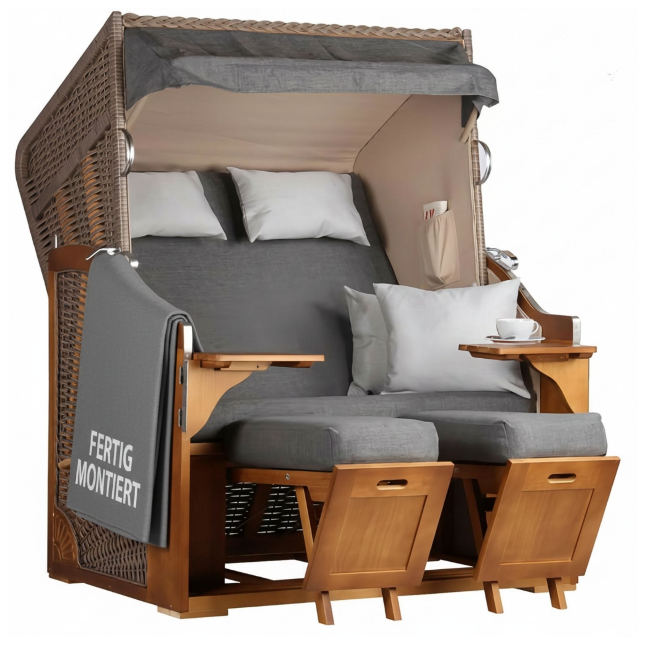 Strandkorb 2-Sitzer Schleswig Pinie Braun PE Mokka, aufgebaut geliefert