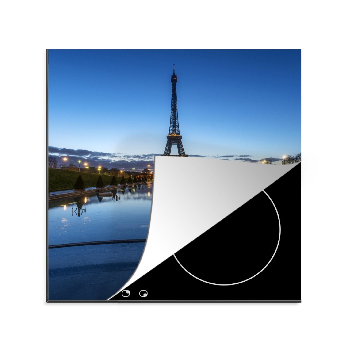 MuchoWow Herdblende-/Abdeckplatte Eiffelturm - Nacht - Wasser, Vinyl, (1 tlg), 78x78 cm, Ceranfeldabdeckung, Arbeitsplatte für küche