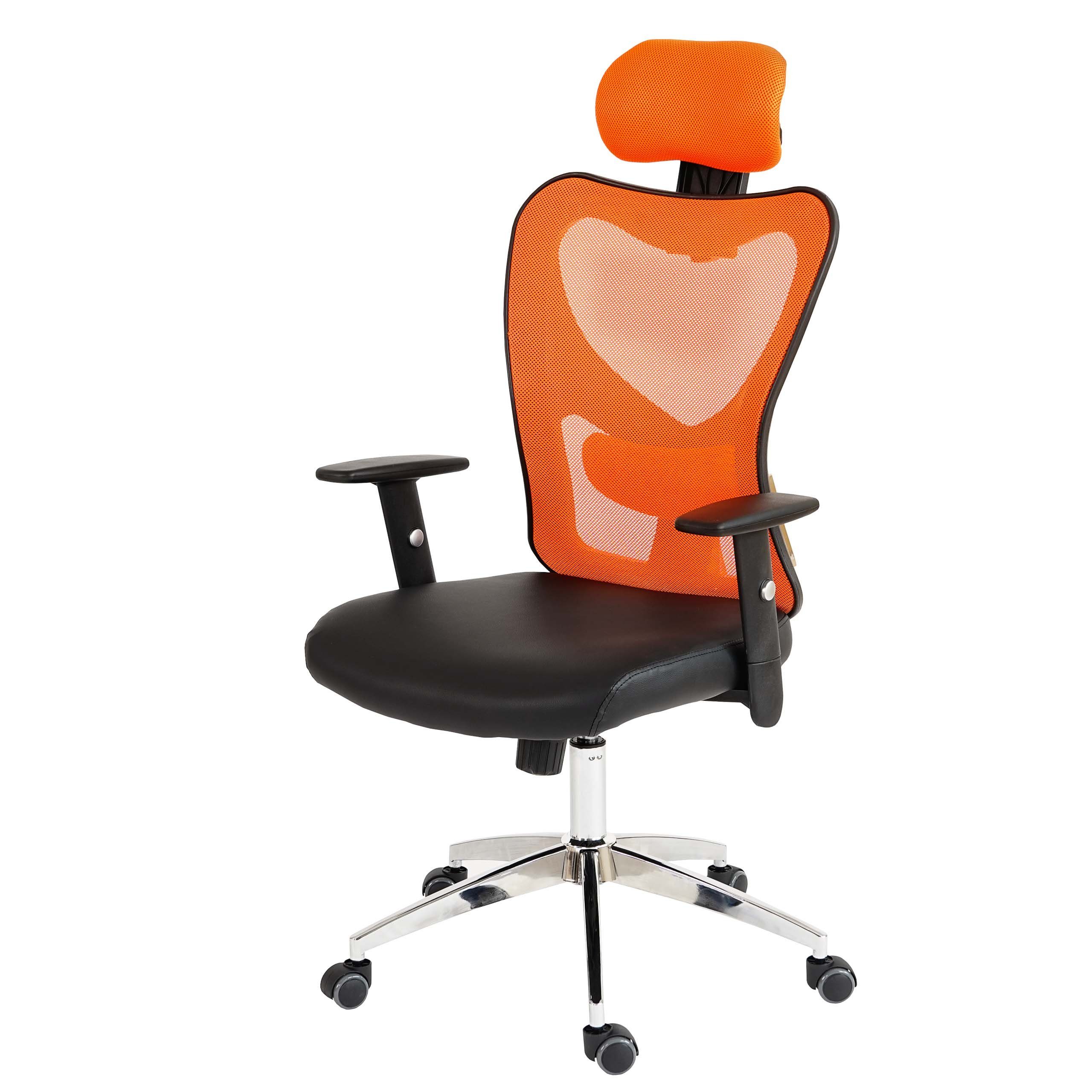 Kopfstütze Schreibtischstuhl höhenverstellbar, schwarz,orange Armlehnen, stufenlos Kopfstütze MCW Pamplona, Höhenverstellbare flexible Lendenwirbelstütze +