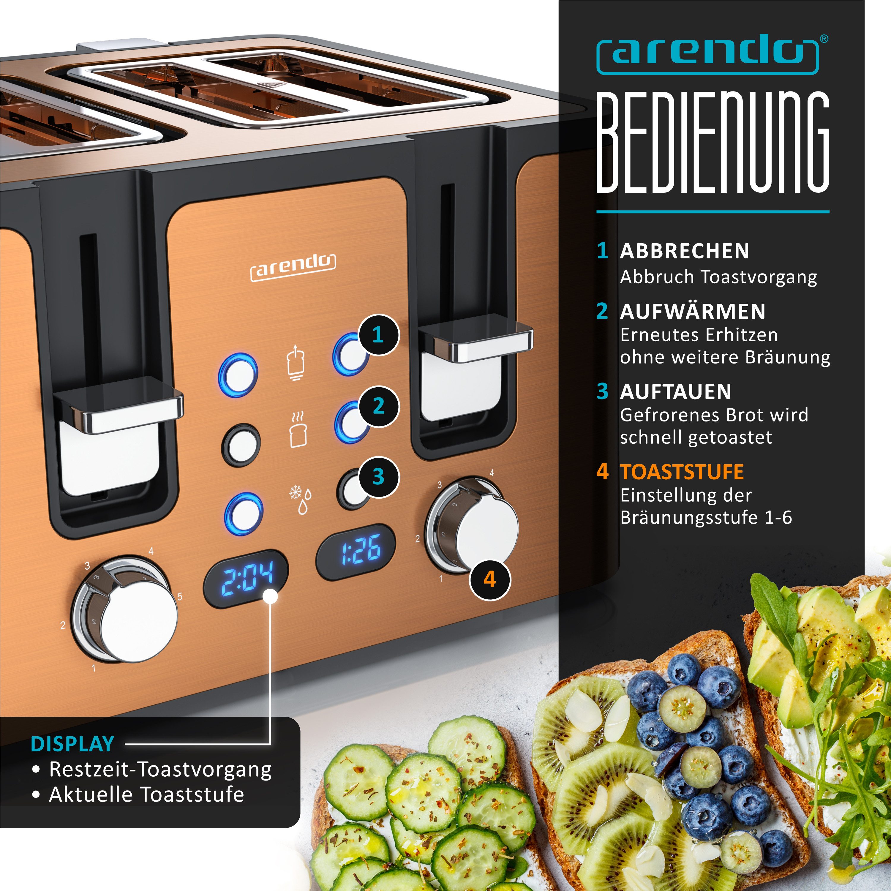 Arendo Toaster 4-Scheiben, Edelstahl, Brötchenaufsatz, Restzeitanzeige, Kupfer, 4 kurze Schlitze, für 4 Scheiben, 1750 W, Doppelwandgehäuse, Defrost Funktion, Krümelschublade, 6 Bräunungsgrade