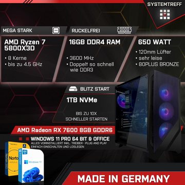 SYSTEMTREFF Gaming-PC (AMD Ryzen 7 5800X3D, Radeon RX 7600, 16 GB RAM, 1000 GB SSD, Luftkühlung, Windows 11, WLAN)
