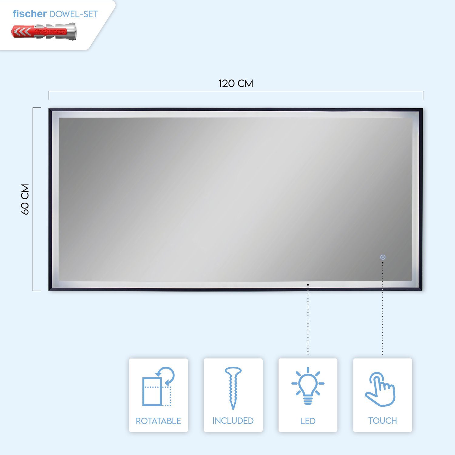 LED Home Touch- Beleuchteter Spiegel Rechteckig wechselbar, Neutralweiß, Wandleuchte TRACY, Backlight LED Paco Schwarz