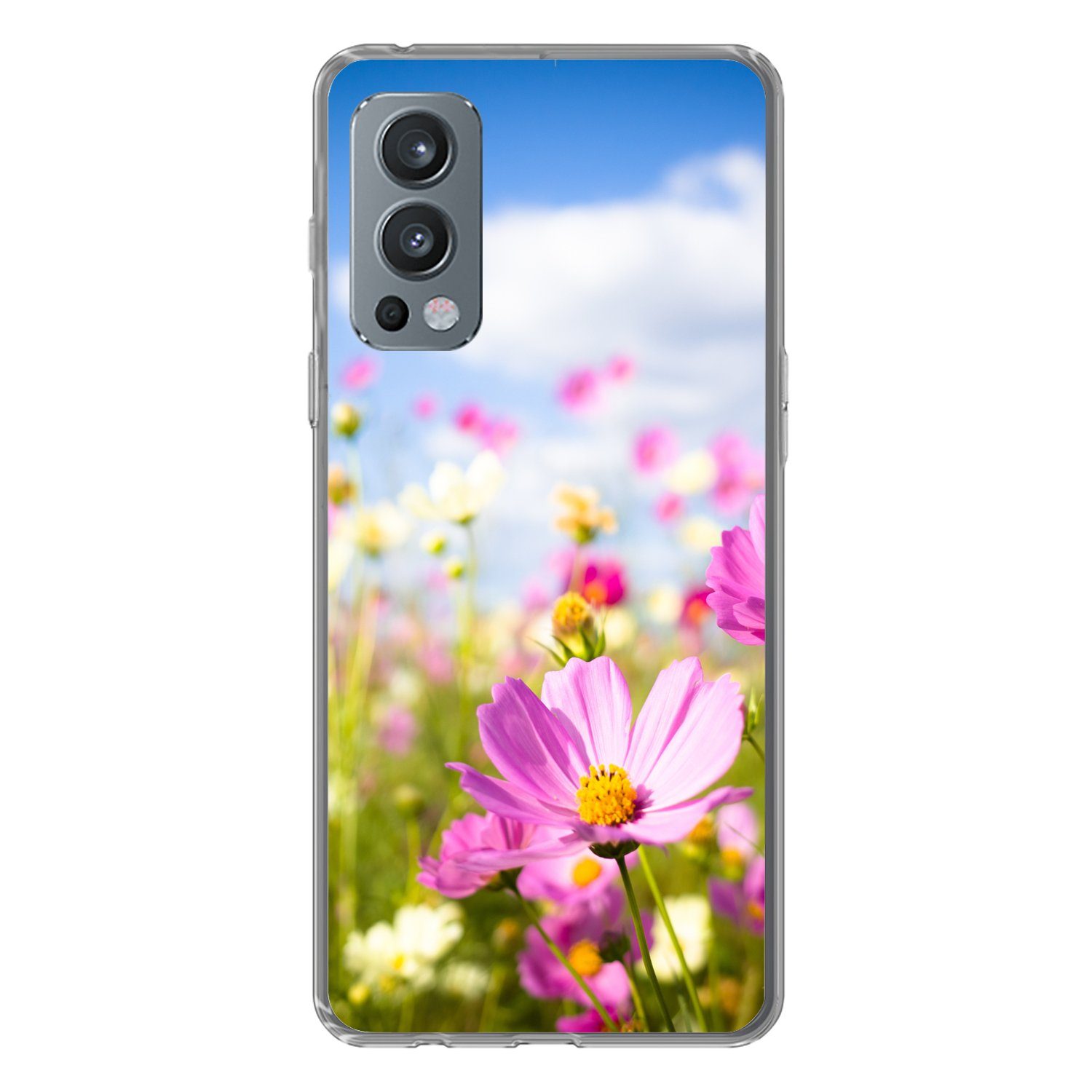 MuchoWow Handyhülle für OnePlus Nord 2 5G Blumen - Wiese - Lila - Gras - Weiß - Wolken - B, Phone Case, Silikon, Schutzhülle Dünn