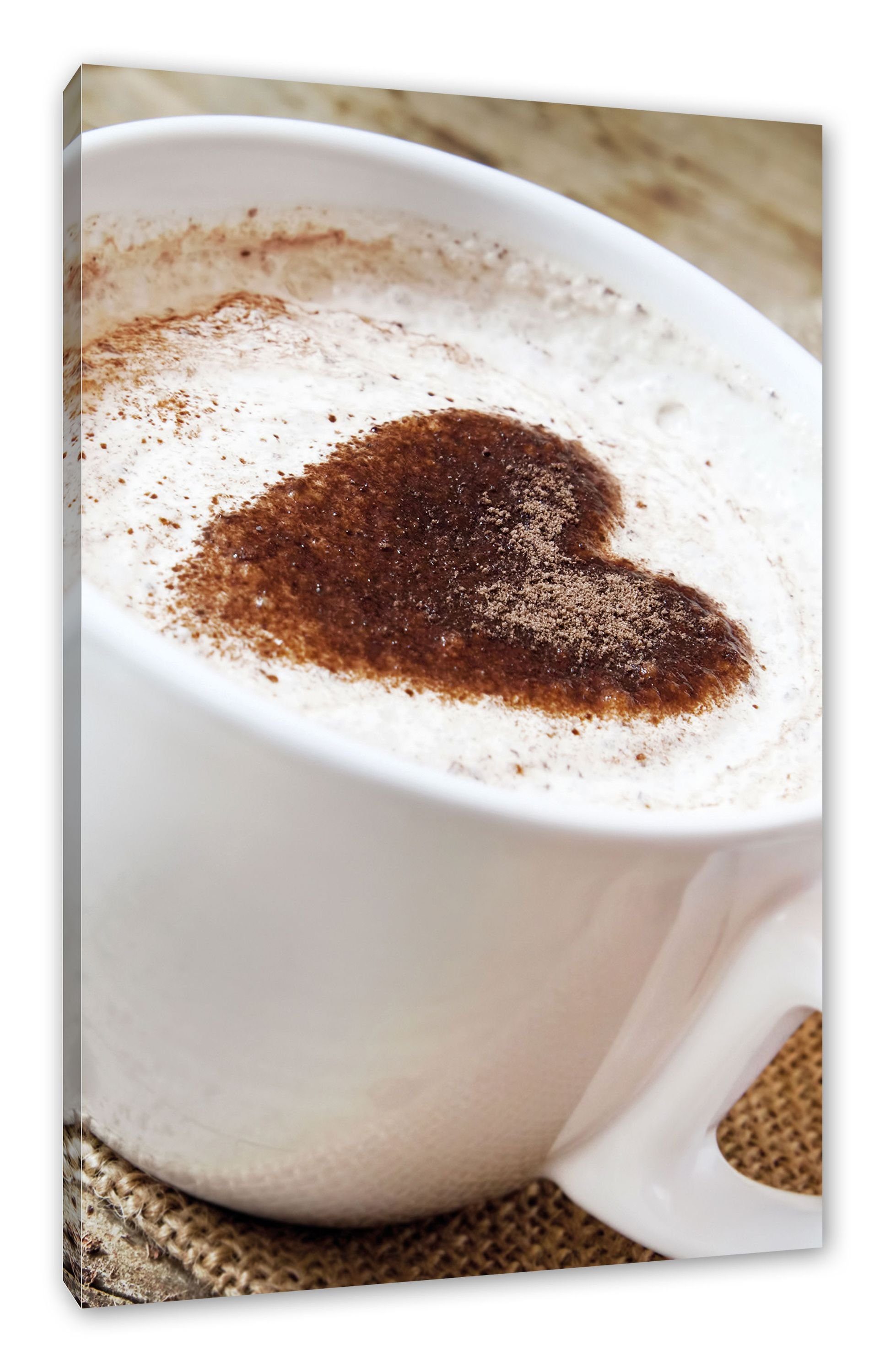Pixxprint Leinwandbild Kaffe mit bespannt, Leinwandbild Zackenaufhänger fertig St), Kaffe mit (1 Herz, Herz inkl