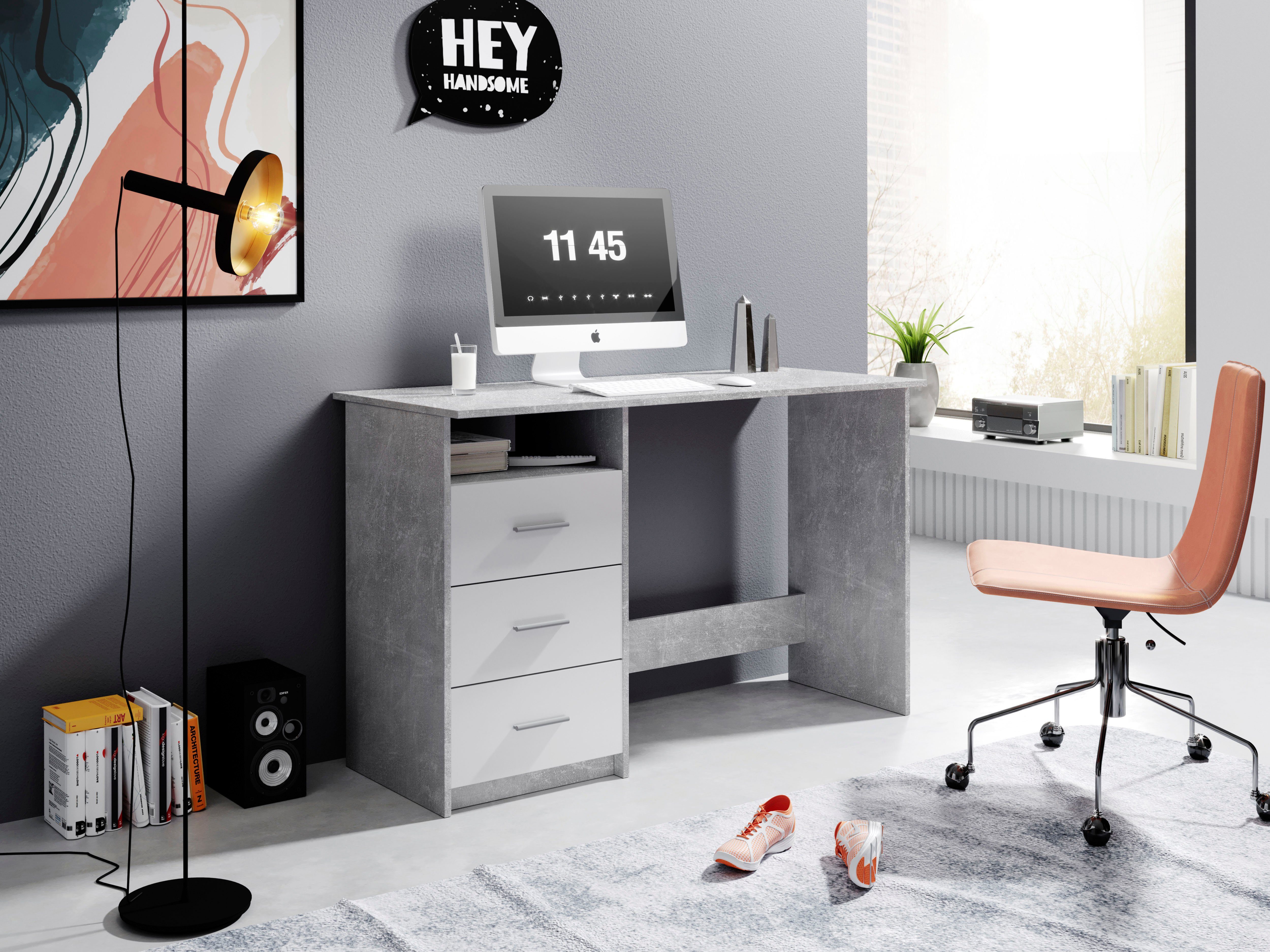 Rechts Schreibtisch abschließbar, Schubkästen montierbar links oder Adria, mit beton/weiß Schubkasten BEGA OFFICE