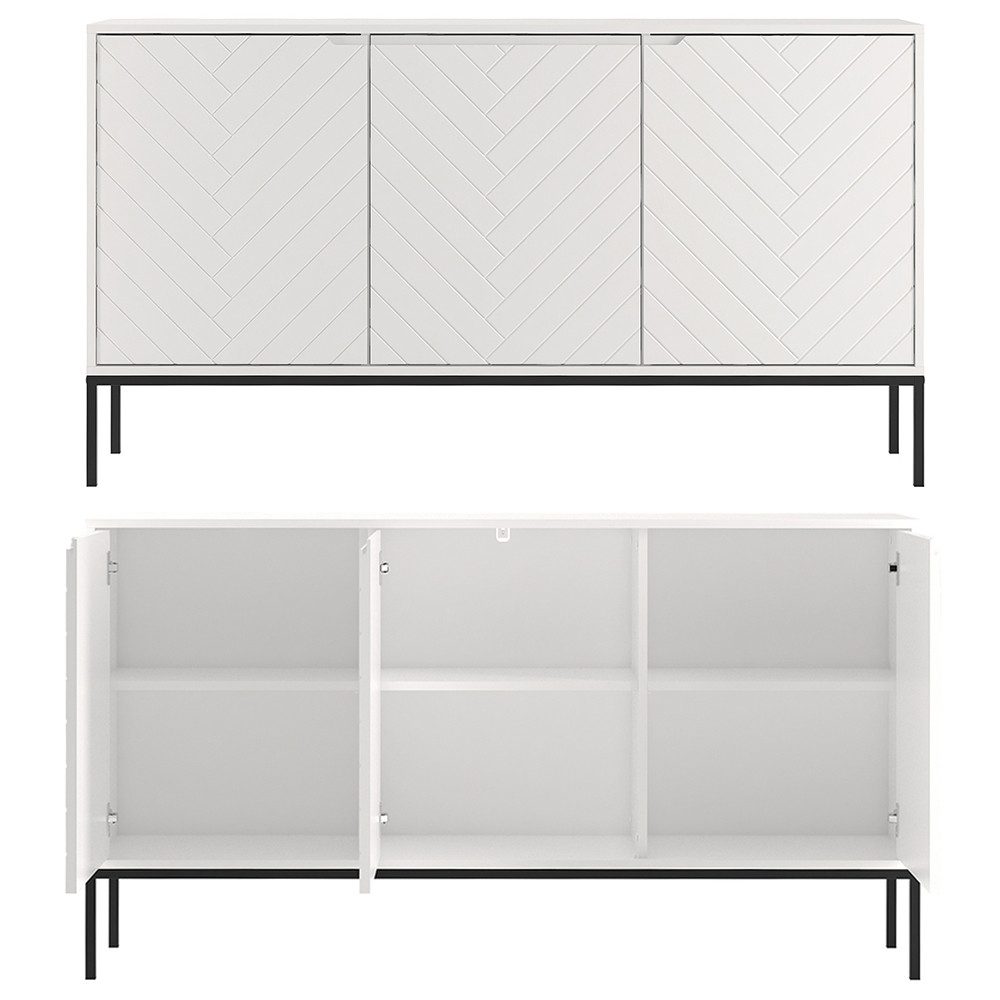 Lomadox Wohnzimmer-Set ANGERA-140, (Mega-Spar-Set, 3-St., Sideboard Couchtisch Kommode), modern in weiß mit Fischgrät Design und schwarzen Metalgestell