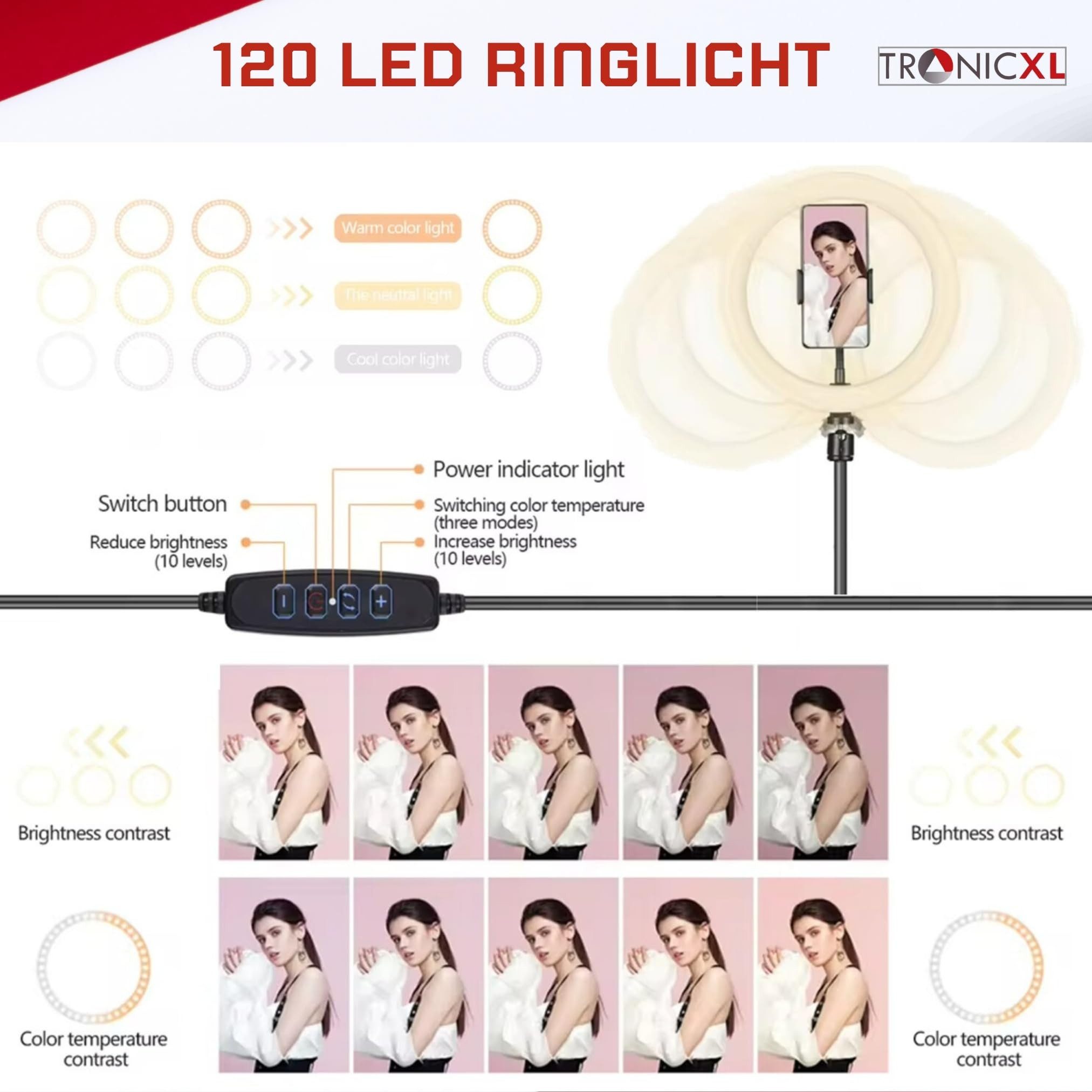 TronicXL Ringlicht Großes Ringlight 10 Zoll ohne Stativ Handy Licht Beauty Lampe Foto, mit Kugelkopf für Smartphones iPhones Videos Streaming Schminken