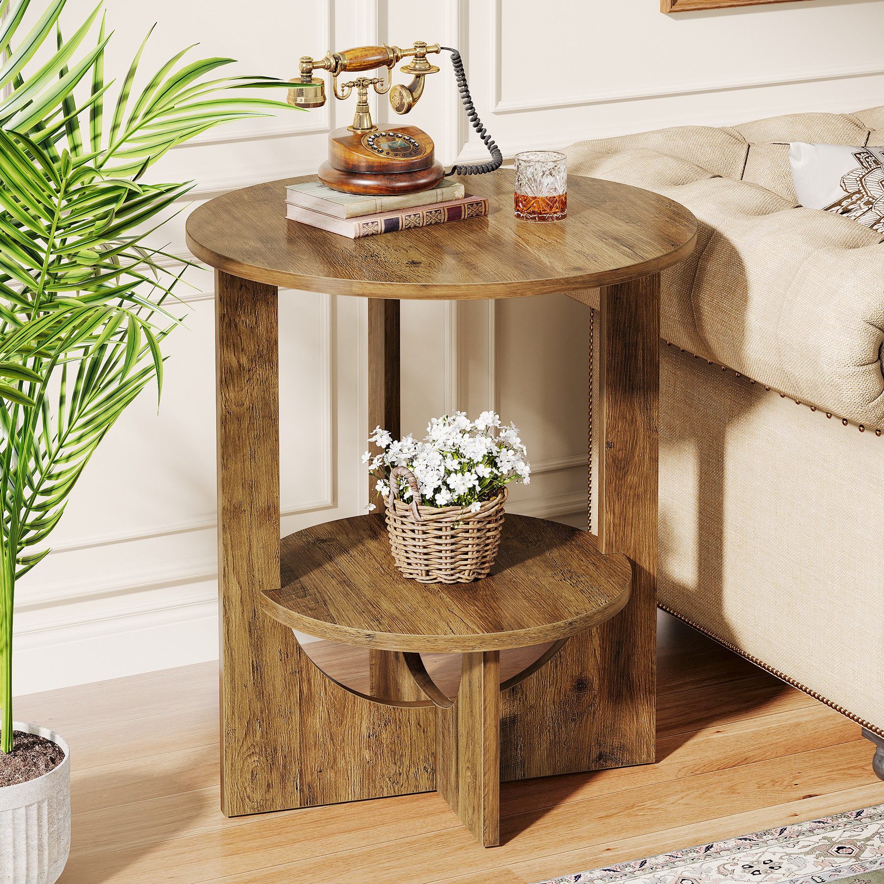 Tribesigns Konsolentisch Sofatisch Rund, 2-Tier Nachttisch für Wohnzimmer, 50 x 50 x 65 cm