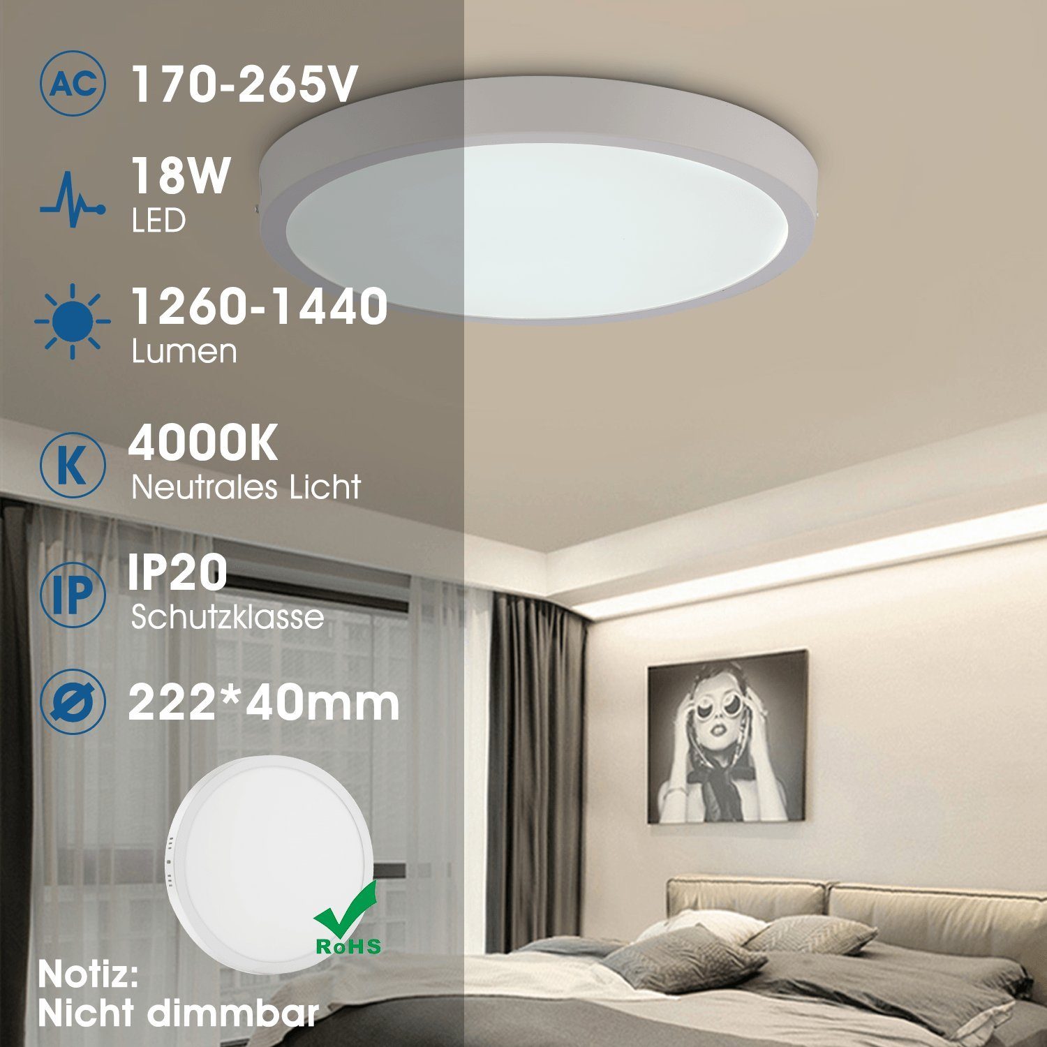 W mm / 6W-24W, LED LED Ultra fest Tageslicht Wohnzimmer Deckenleuchte Deckenlampe integriert, Schlafzimmer 24 für Küche Dünn 300 Flurlampe Flach iscooter Modern Kaltweiß,