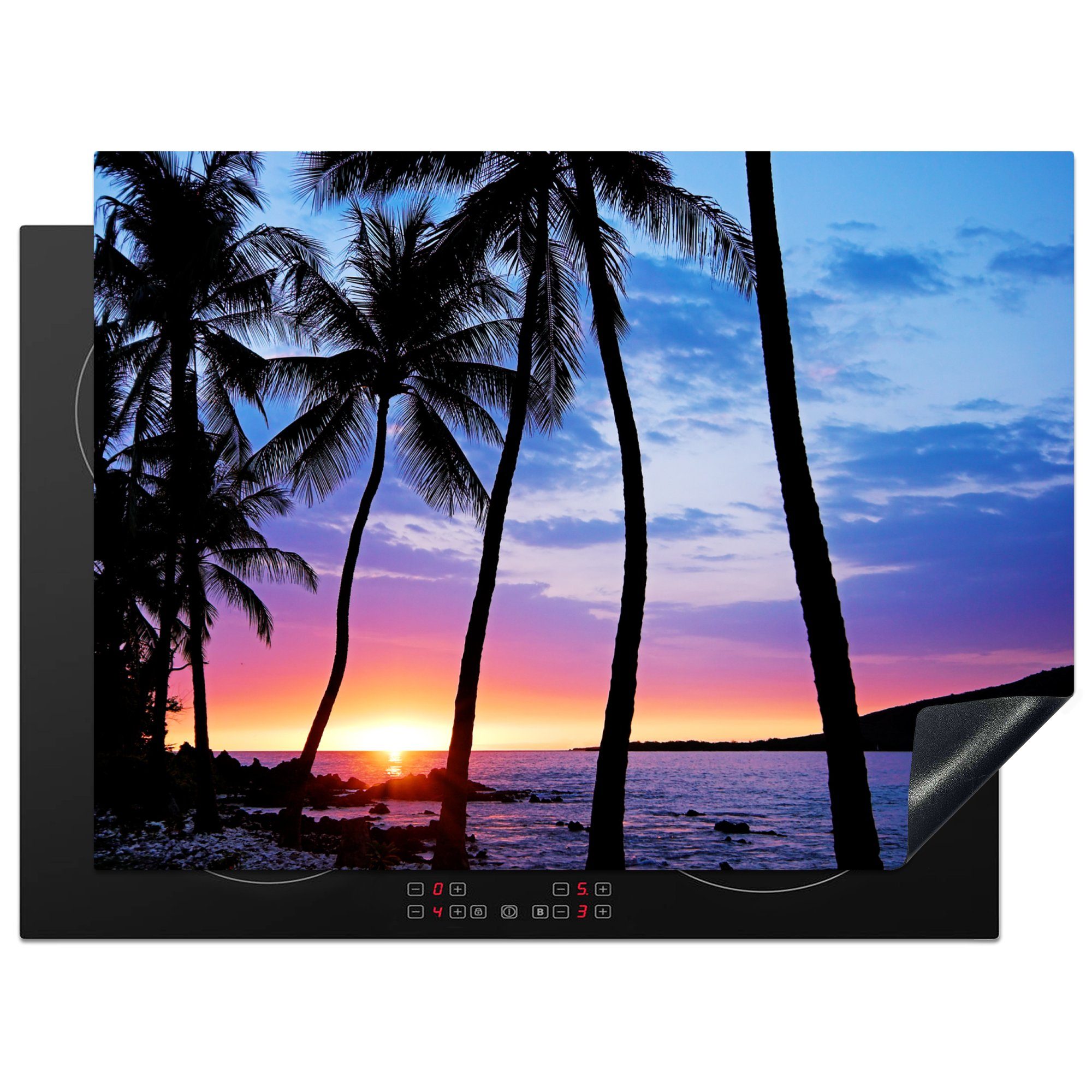 MuchoWow Herdblende-/Abdeckplatte Eine Silhouette von Palmen während eines Sonnenuntergangs auf Hawaii, Vinyl, (1 tlg), 71x52 cm, Induktionskochfeld Schutz für die küche, Ceranfeldabdeckung