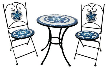 Wohnando Garten-Essgruppe Bistroset "Orion", Metalltisch, Metallmöbel, schwarz, Mosaik-Design, (3-tlg), bestehend aus 2 Stühlen und 1 Tisch, Blau Weiß Mix