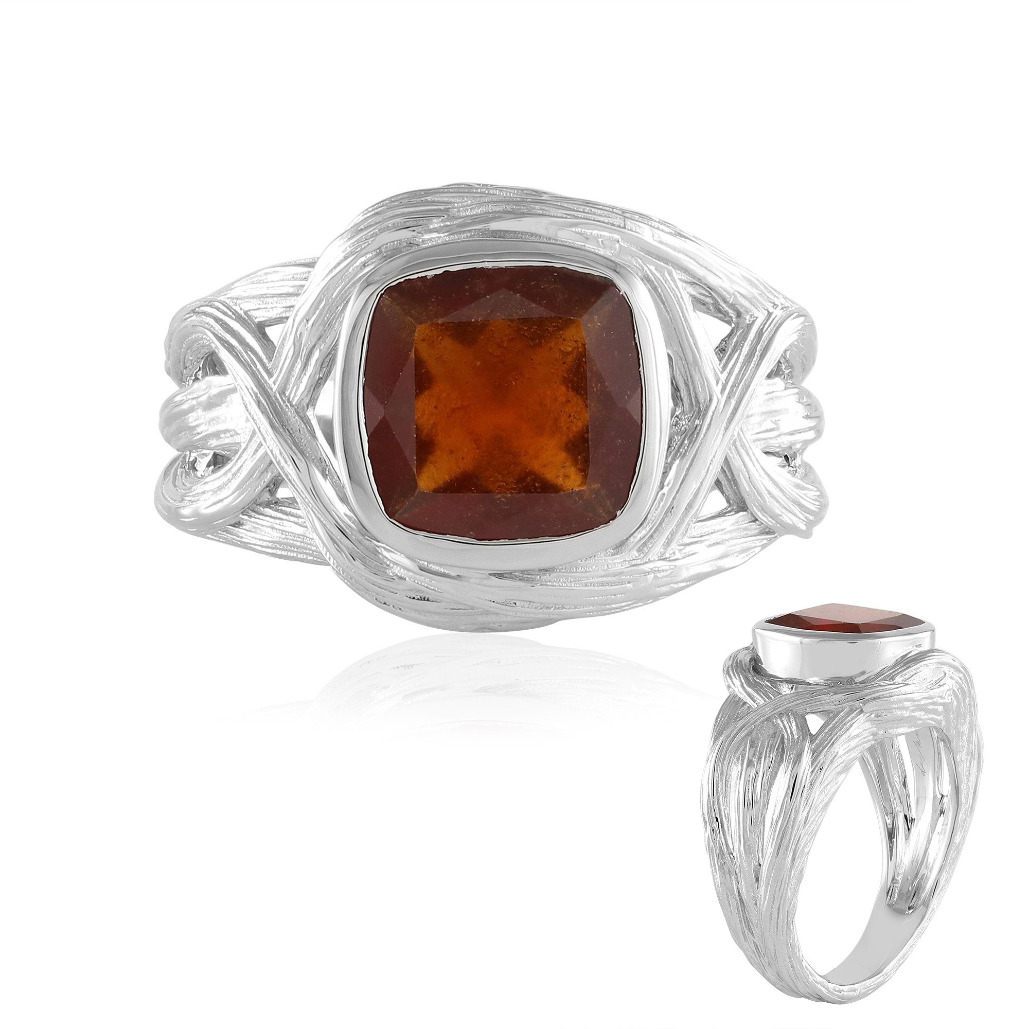 Solitärring Hessonit-Granat Platinplattierter Silberring
