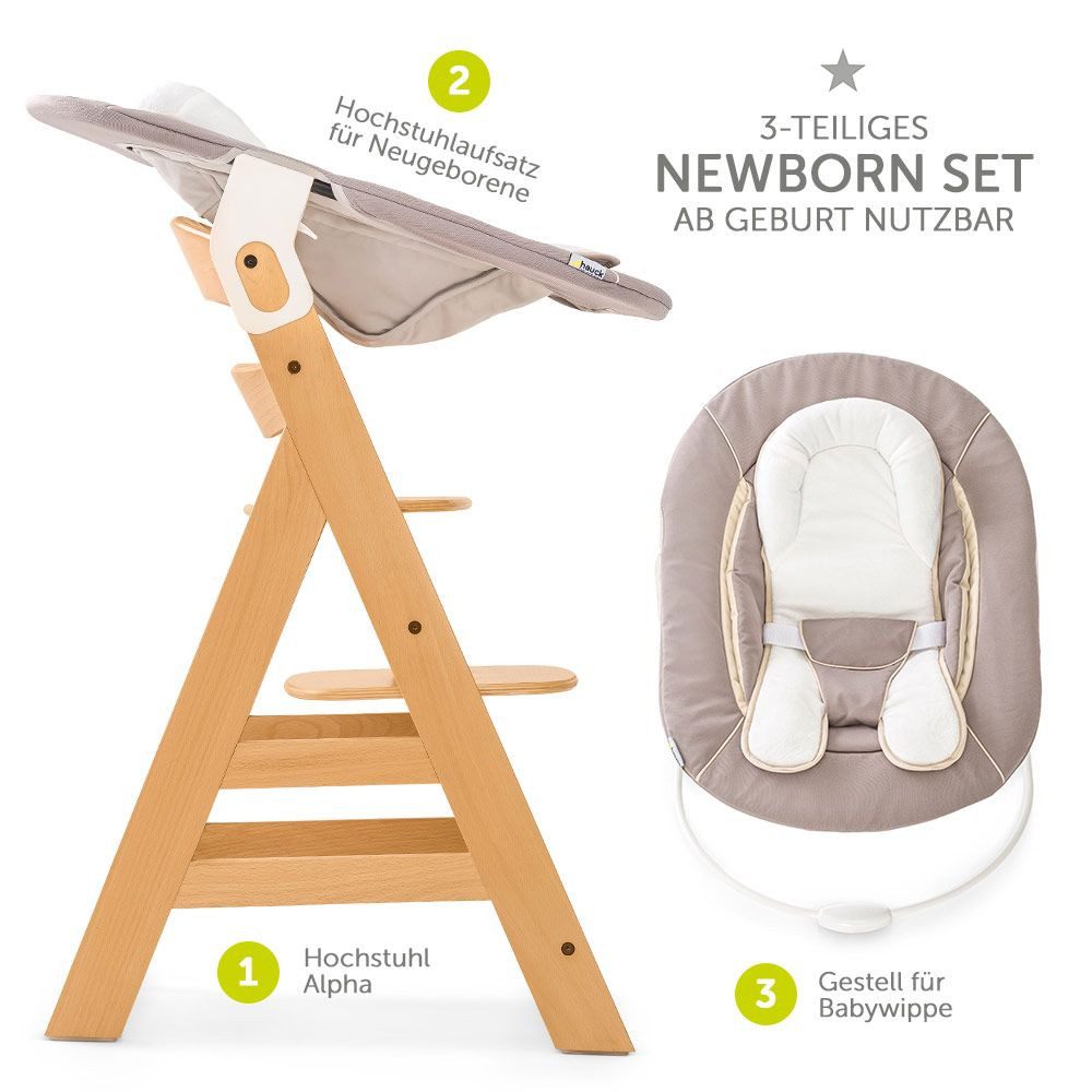 Hauck Hochstuhl Alpha Plus Natur - Newborn Set (Set, 4 St), Holz Babystuhl ab Geburt mit Aufsatz für Neugeborene höhenverstellbar – Bild 2 von 5