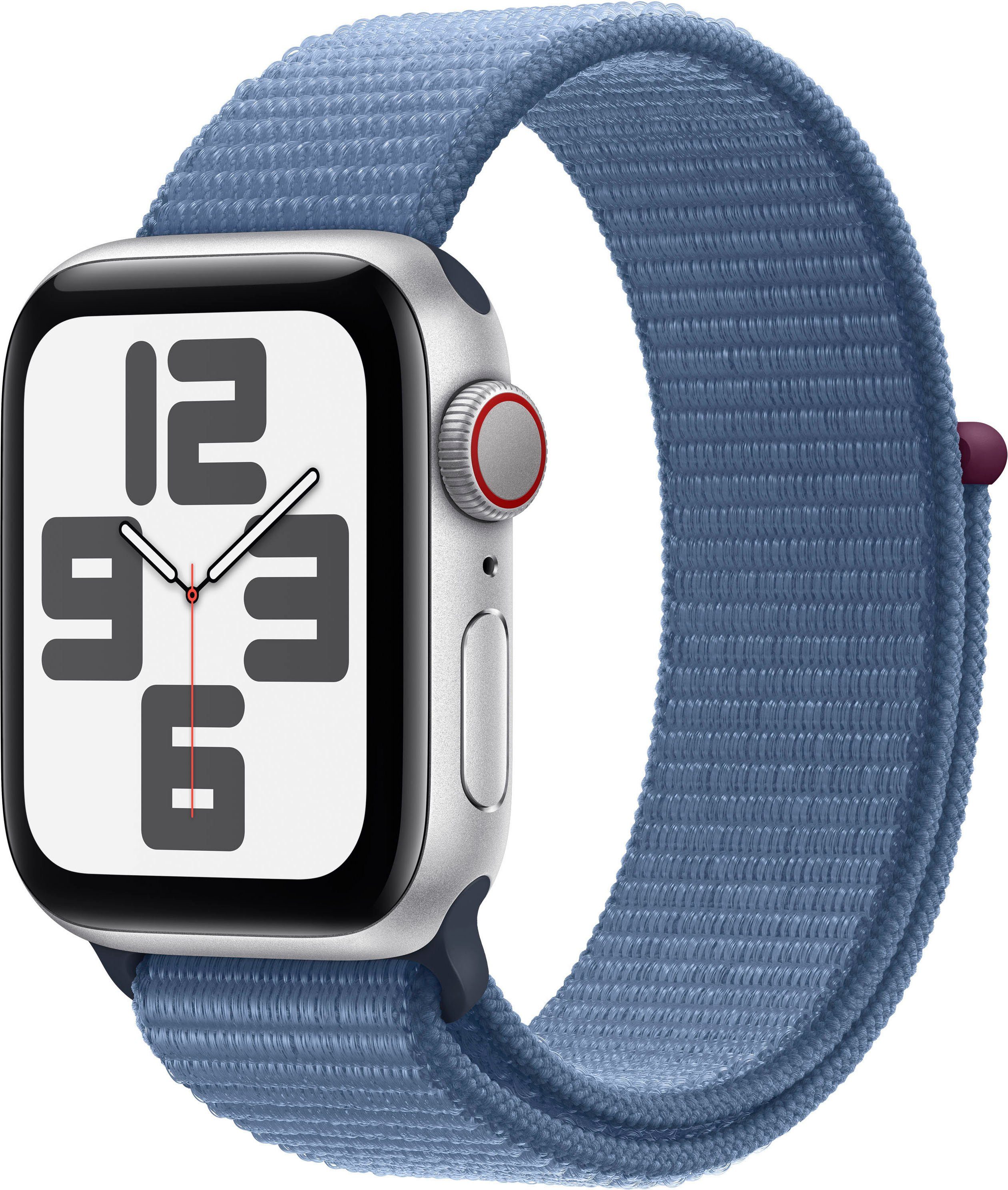 Apple Watch SE GPS 40 mm Aluminium + Cellular M/L Smartwatch (4 cm/1,57 Zoll, Watch OS 10), Sport Loop blau | Silver/Winter Blue