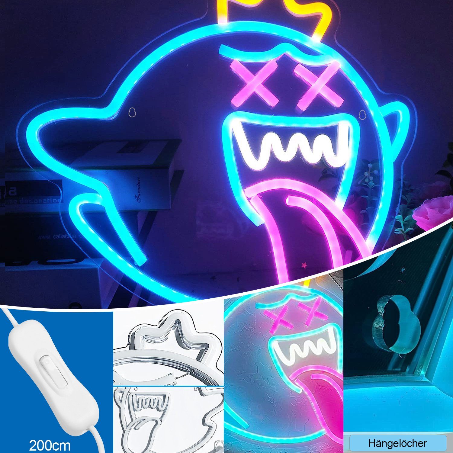 Deko, blau für Schalter Kinder Rosnek LED Geist, Neonlicht, Halloween Dekolicht mit LED Spielzimmer