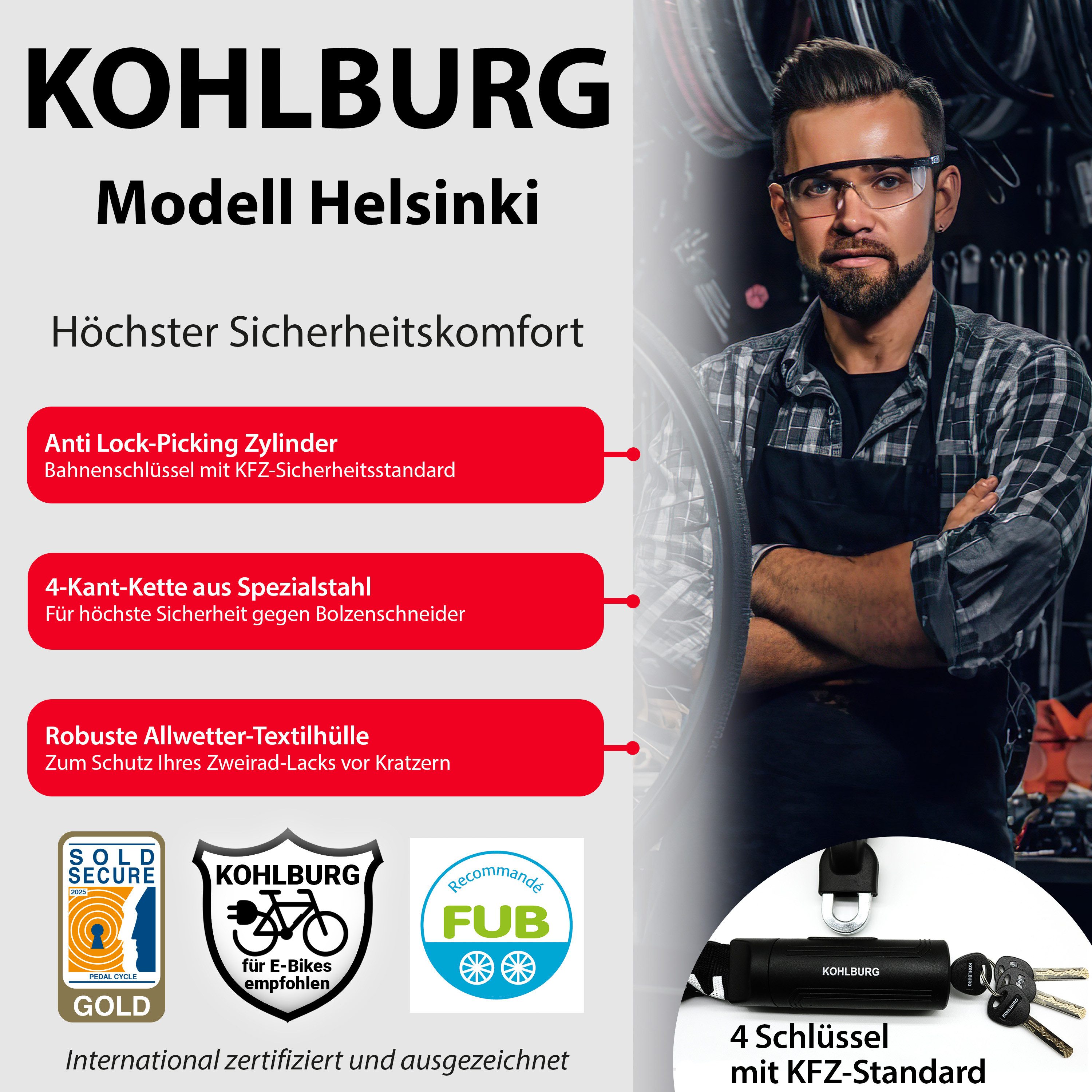 KOHLBURG Kettenschloss Sicherheits-Fahrradschloss 125 cm lang für E-Bike, Fahrrad & Motorrad, mit 8,3mm starker 4-Kantkette aus gehärtetem Spezialstahl