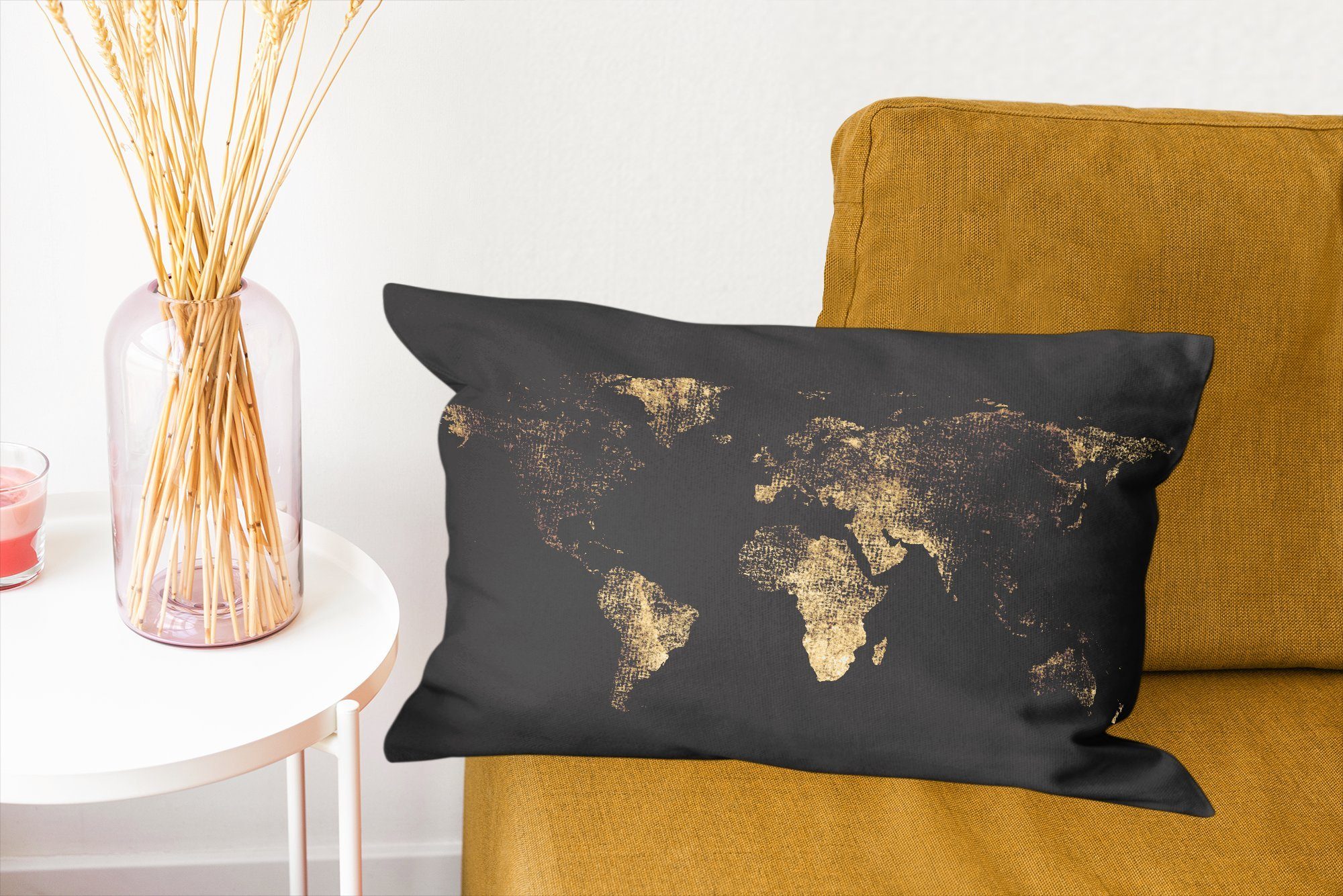 MuchoWow Dekokissen Weltkarte - Gold Erde - - Dekoration, mit Zierkissen, Füllung, Schlafzimmer - Wohzimmer Dekokissen Schwarz Luxus