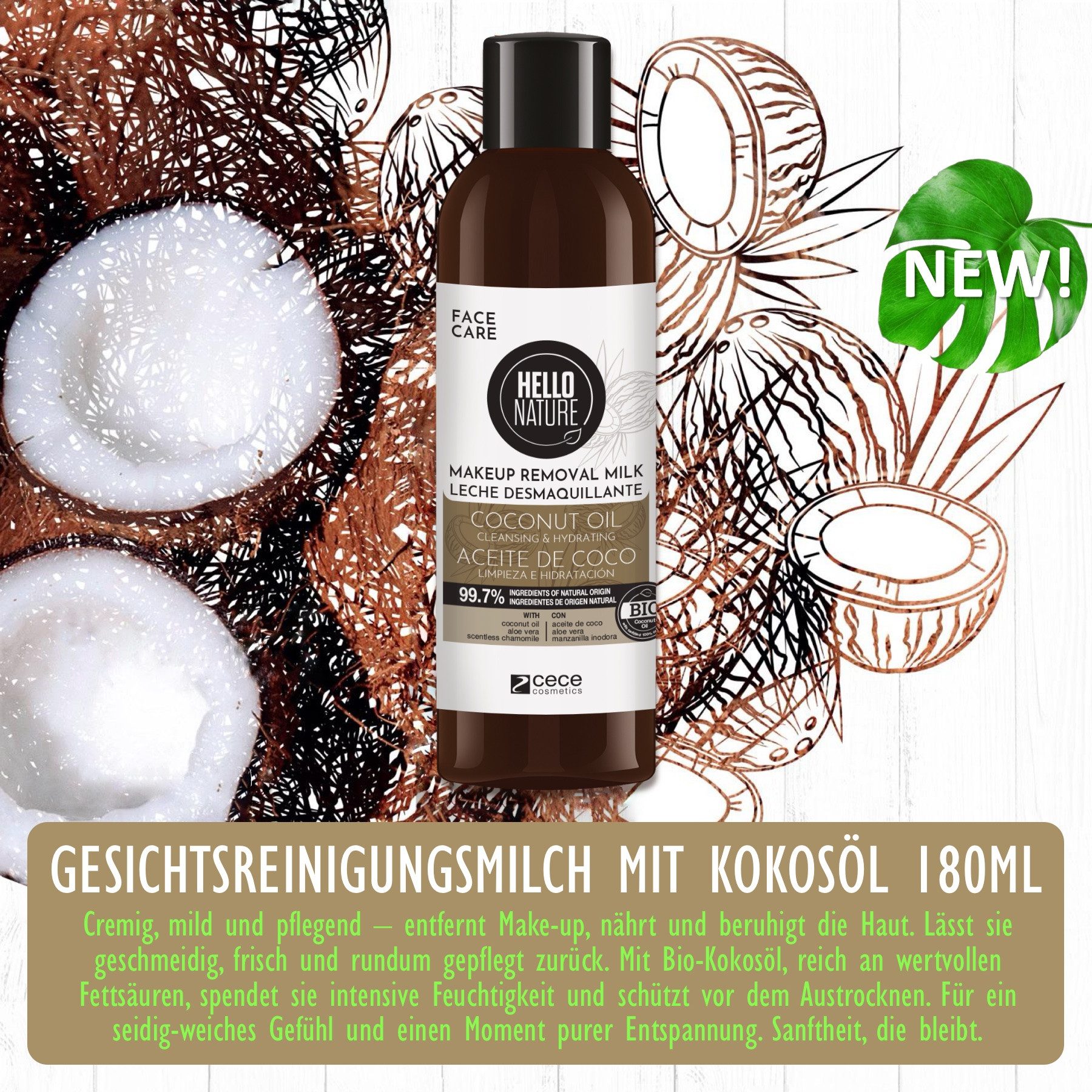 Hello Nature Make-up-Entferner Reinigungsmilch Cocos Entferner Makeup Removal Cleansing Milk, 1-tlg., Make-Up Entferner, Gesichtspflege, Gesichtsreinigung