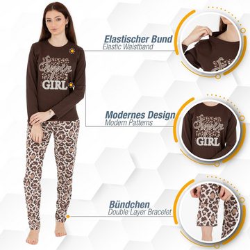 LOREZA Schlafanzug Schlafanzug Pyjama langarm- Leopard - Bunt (Set, 2 tlg)