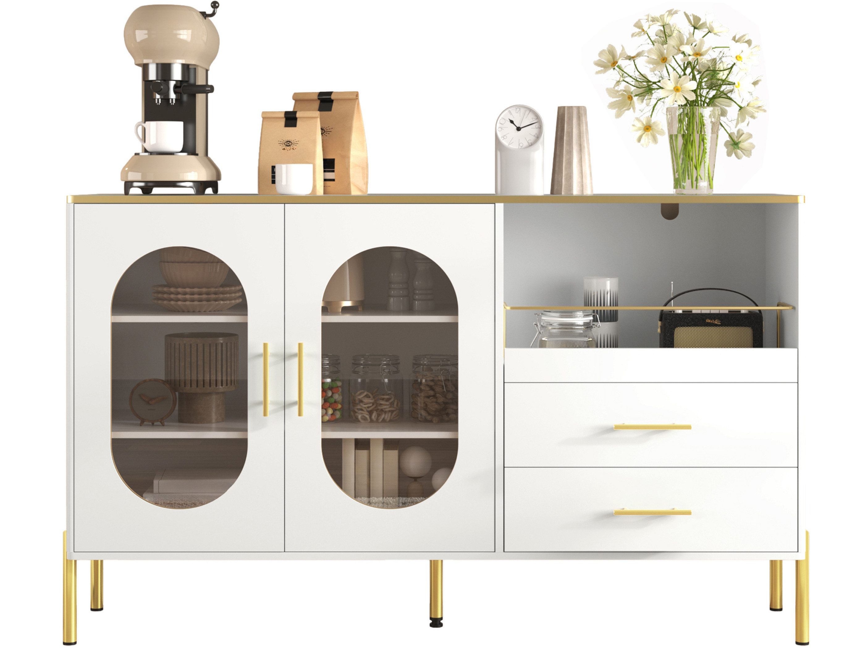 SeedWave Anrichte Mehrzweck Sideboard Кухниschrank mit Glastüren, Выдвижные ящики, Beistellschrank inkl.1 offenes Fach, 1 Mittelfuß mit Höhenverstellung