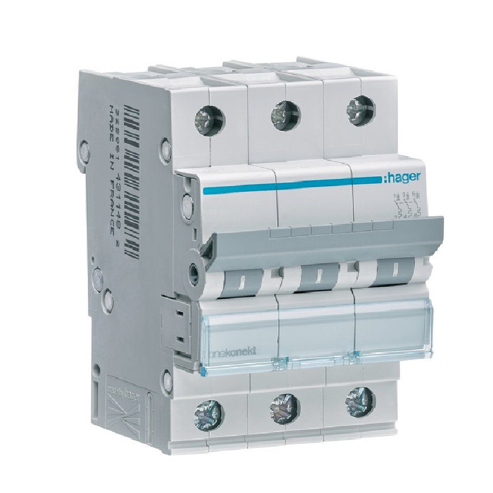Disjoncteur Modulaire Hager MCN310 – 3P, 10A, Courbe C, 6kA – Pour Installations électriques Domestiques