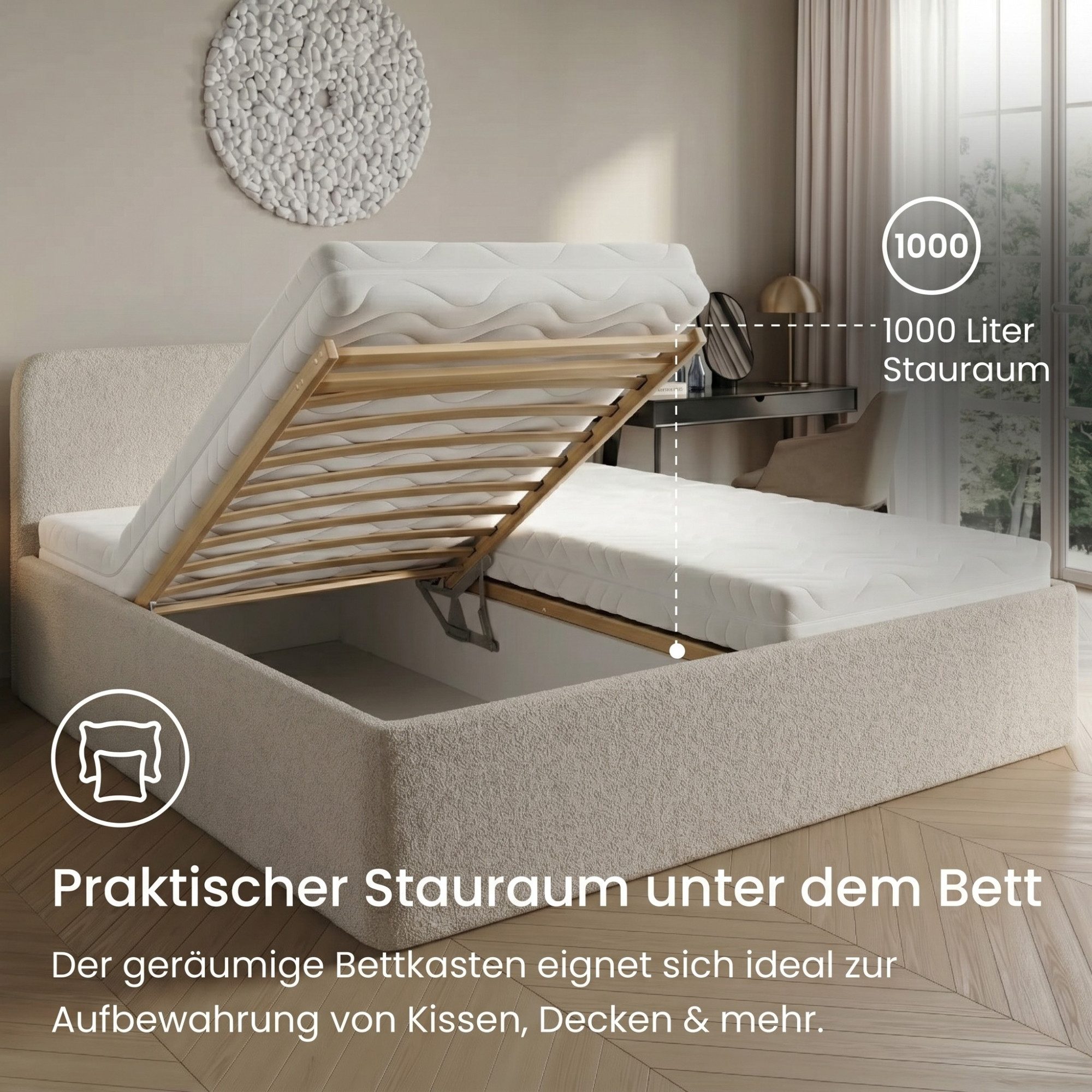 Home Collective Polsterbett Bett mit Stauraum, verstellbarem Lattenrost, viele Größen (Größen: 100x200 120x200 140x200 160x200 180x200 200x200, trendiger Bouclé – Bild 3 von 5