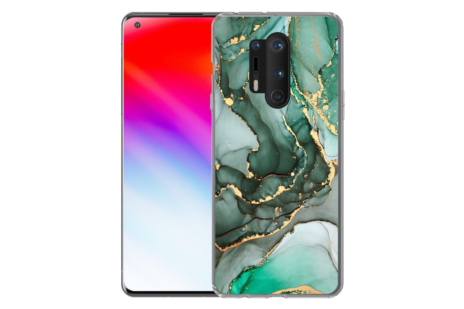 MuchoWow Handyhülle für OnePlus 8 Pro Gold - Marmor - Grün - Luxus - Marmoroptik - Grau, Phone Case, Silikon, Schutzhülle Dünn