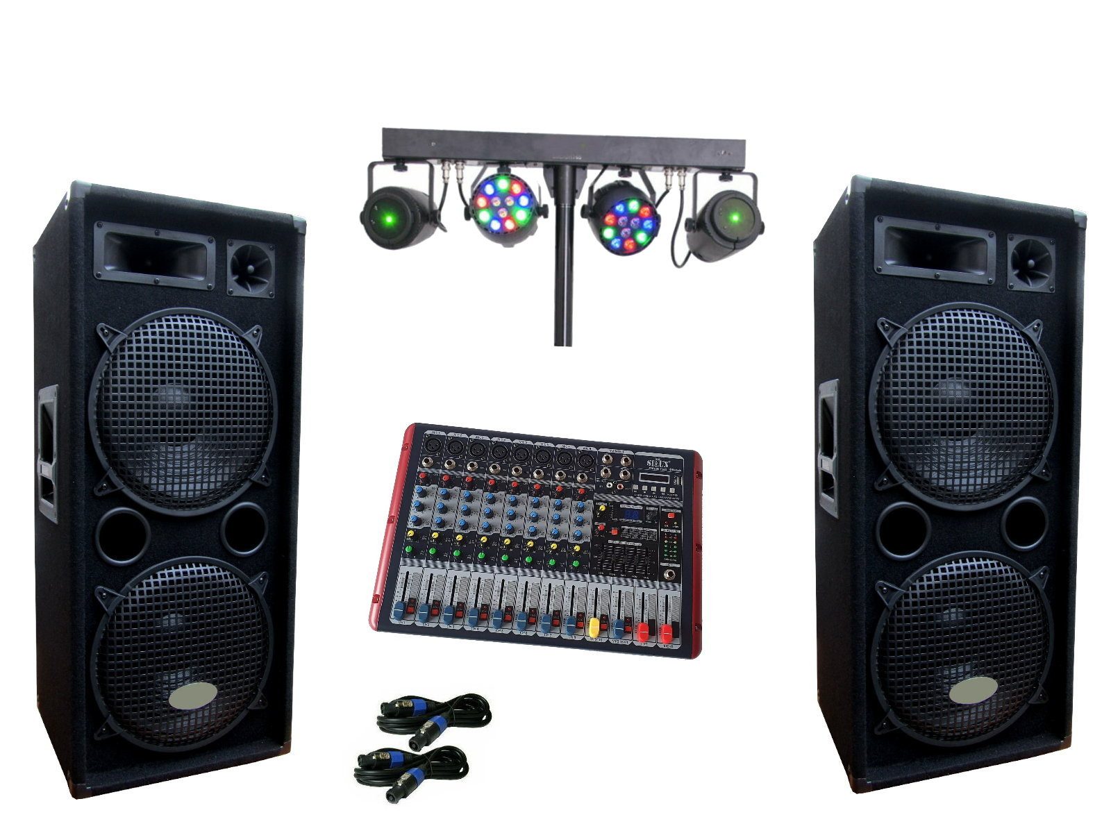 PA Party DJ Disco Set 3 Wege Lautsprecher 8 Kanal Powermixer Lichtset Party-Lautsprecher