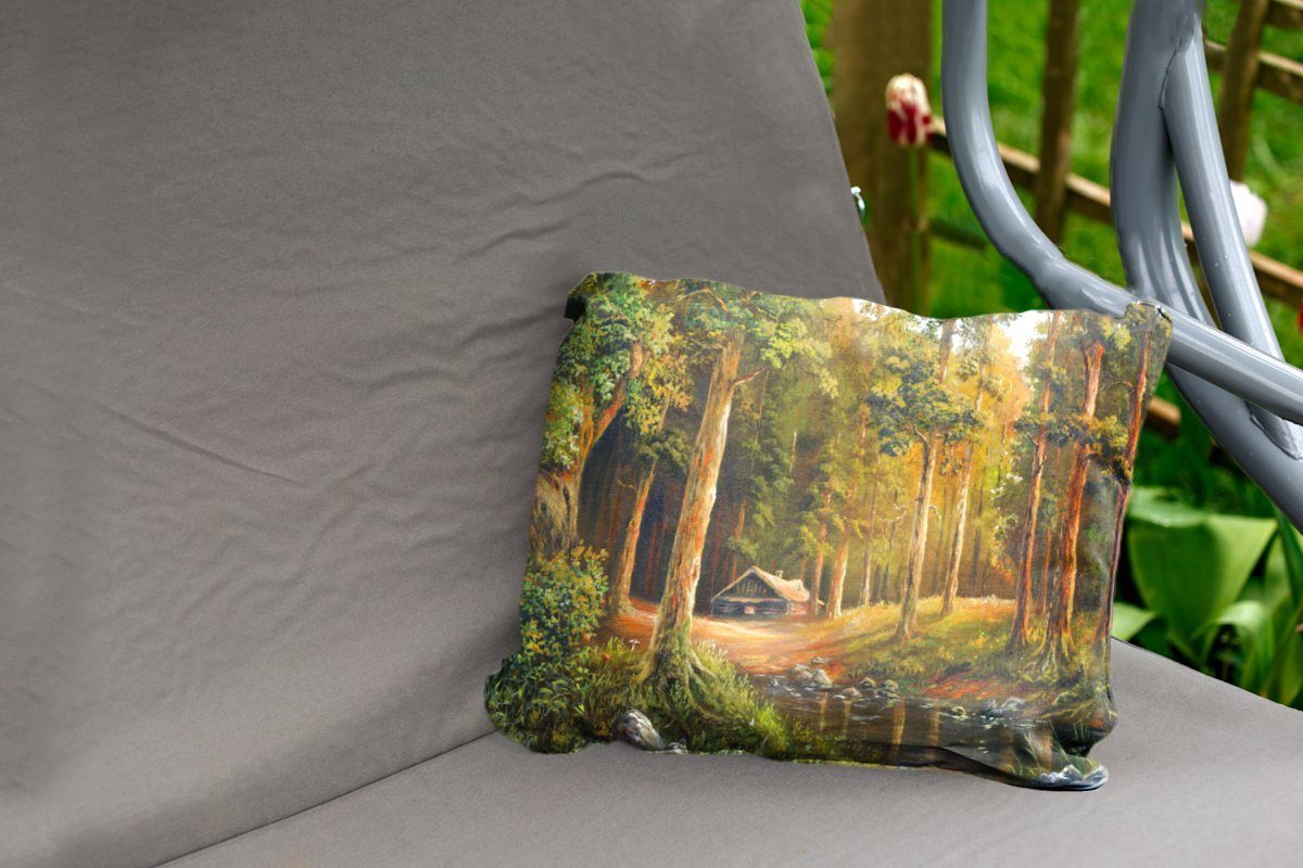 in einem Dekokissen MuchoWow Illustration Wald, Hütte einer Outdoor-Dekorationskissen, Kissenhülle Eine Polyester, Dekokissenbezug,