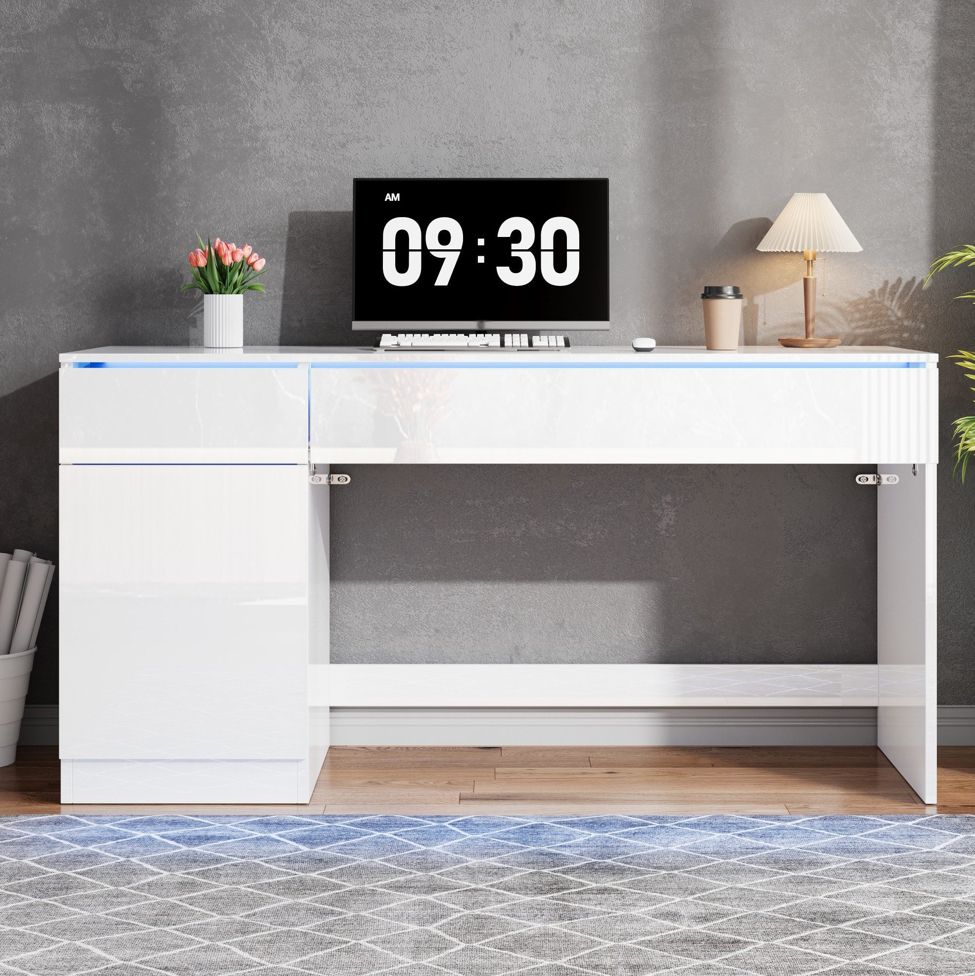 REDOM Schreibtisch Weißer Hochglanz-Tisch für Arbeit & Make-up (Packung, 1-St., Weiß, Hochglanz, für Homeoffice), LED, 2 Schubladen, 1 Tür, 120×78×50 cm