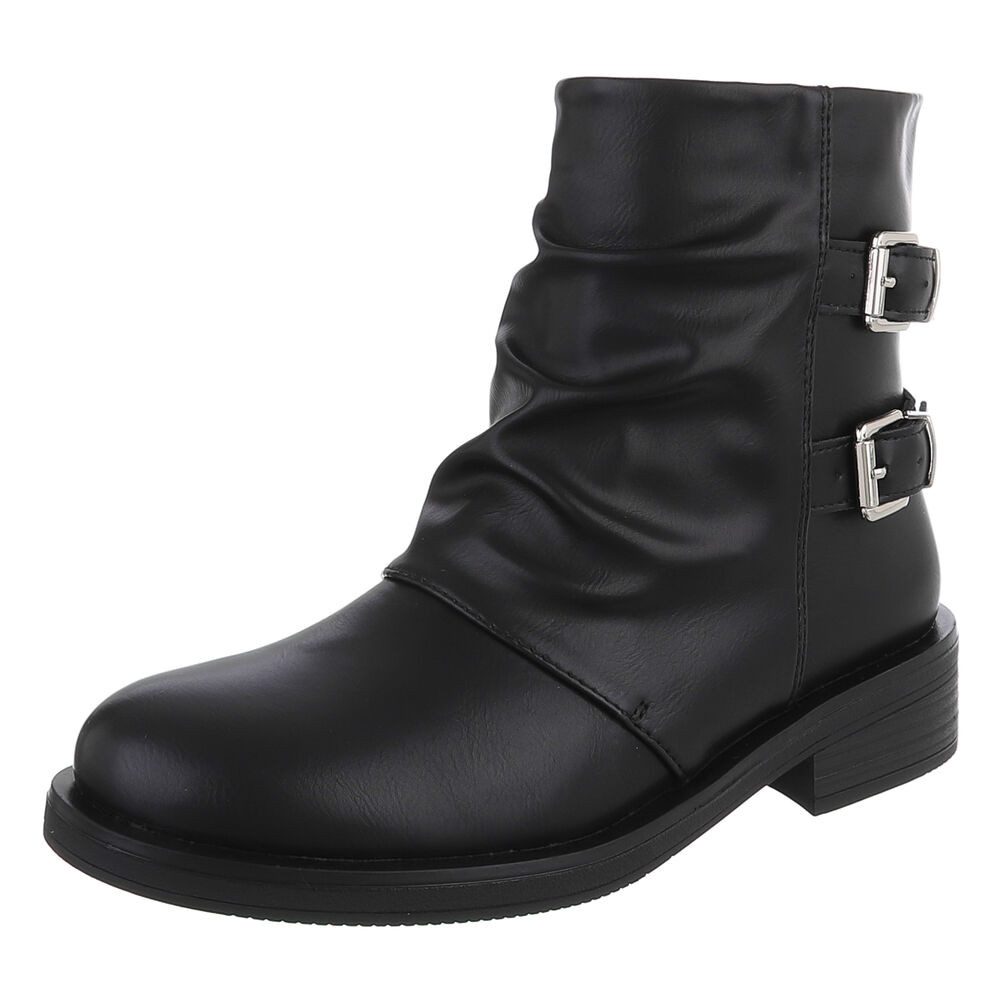 Ital-Design Modischer Damen-Boot mit Raffung und Schnallen Stiefelette (90542769) Blockabsatz Western- & Bikerboots in Schwarz