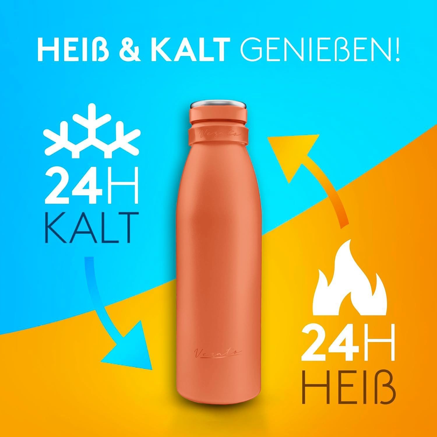 Vezato Isolierflasche Trinkflasche Edelstahl - BPA-freie Thermo Trinkflasche 500-1000ml, mit Tragegurt - auslaufsichere Thermosflasche spülmaschinenfest