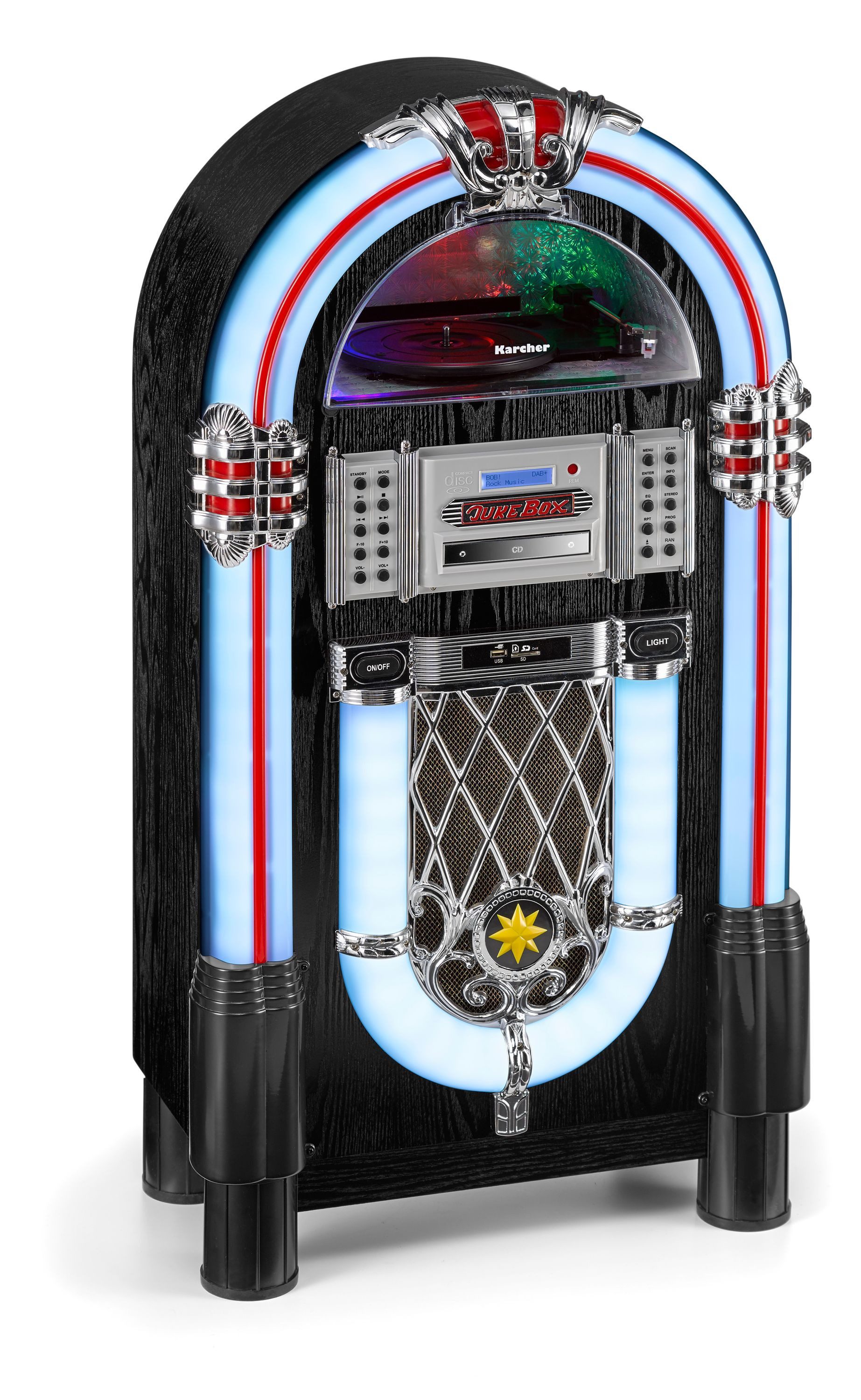 Karcher JB 6608D Retro-Radio (DAB+, UKW (FM), 40 W, Jukebox mit Plattenspieler, CD-Player, Bluetooth, UKW / DAB+ Radio)