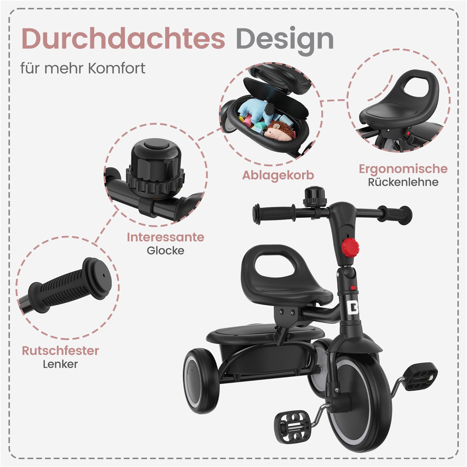 besrey Dreirad Dreirad Kinderdreirad Kinderfahrrad mit Spielkorb, Klingel, Mit Fahrradklingel und Korb, Kippfreies Design,Fahr- und Klappmodus