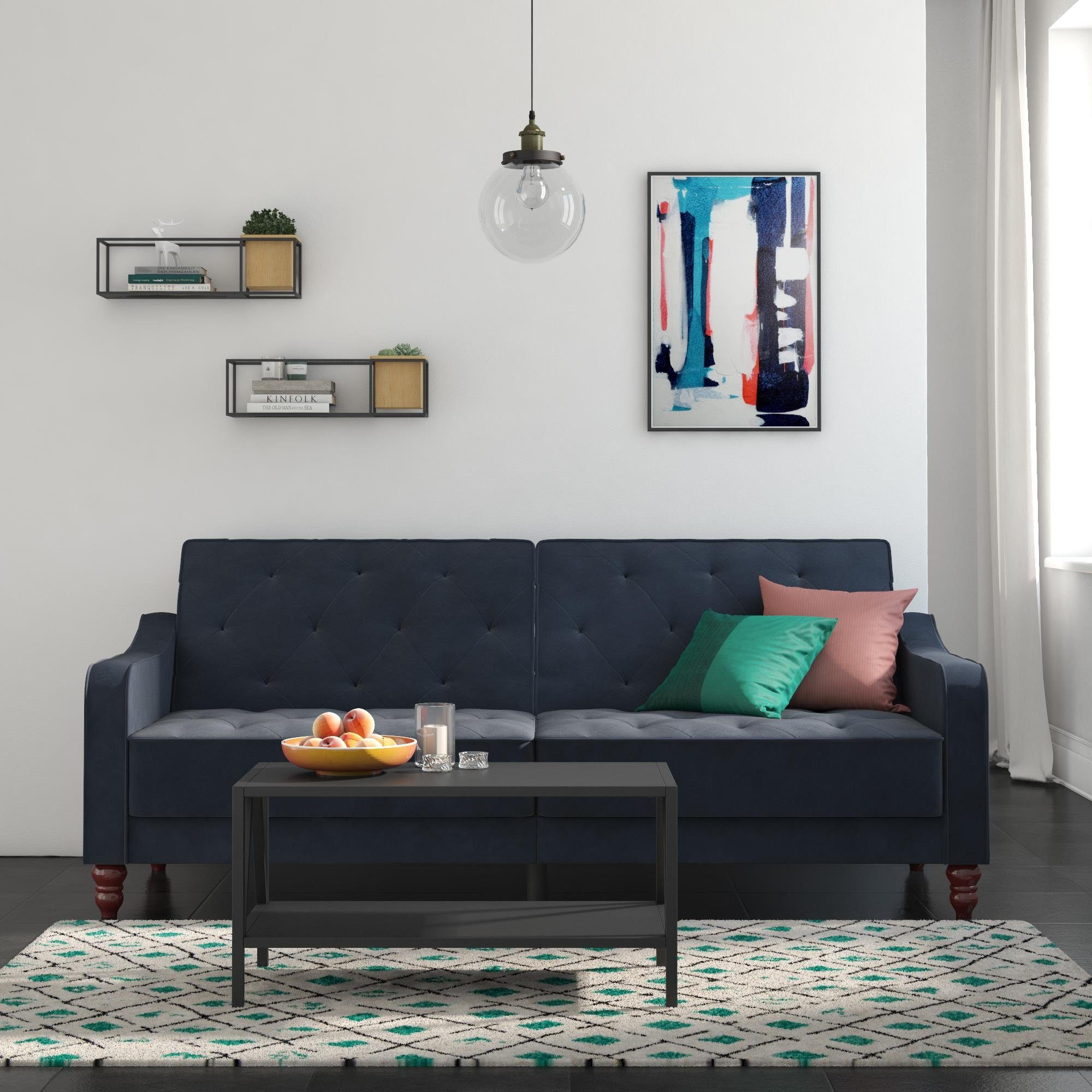 loft24 Schlafsofa Vintage, Bezug Samtoptik, Breite in Diamant-Steppung, blau 207 cm