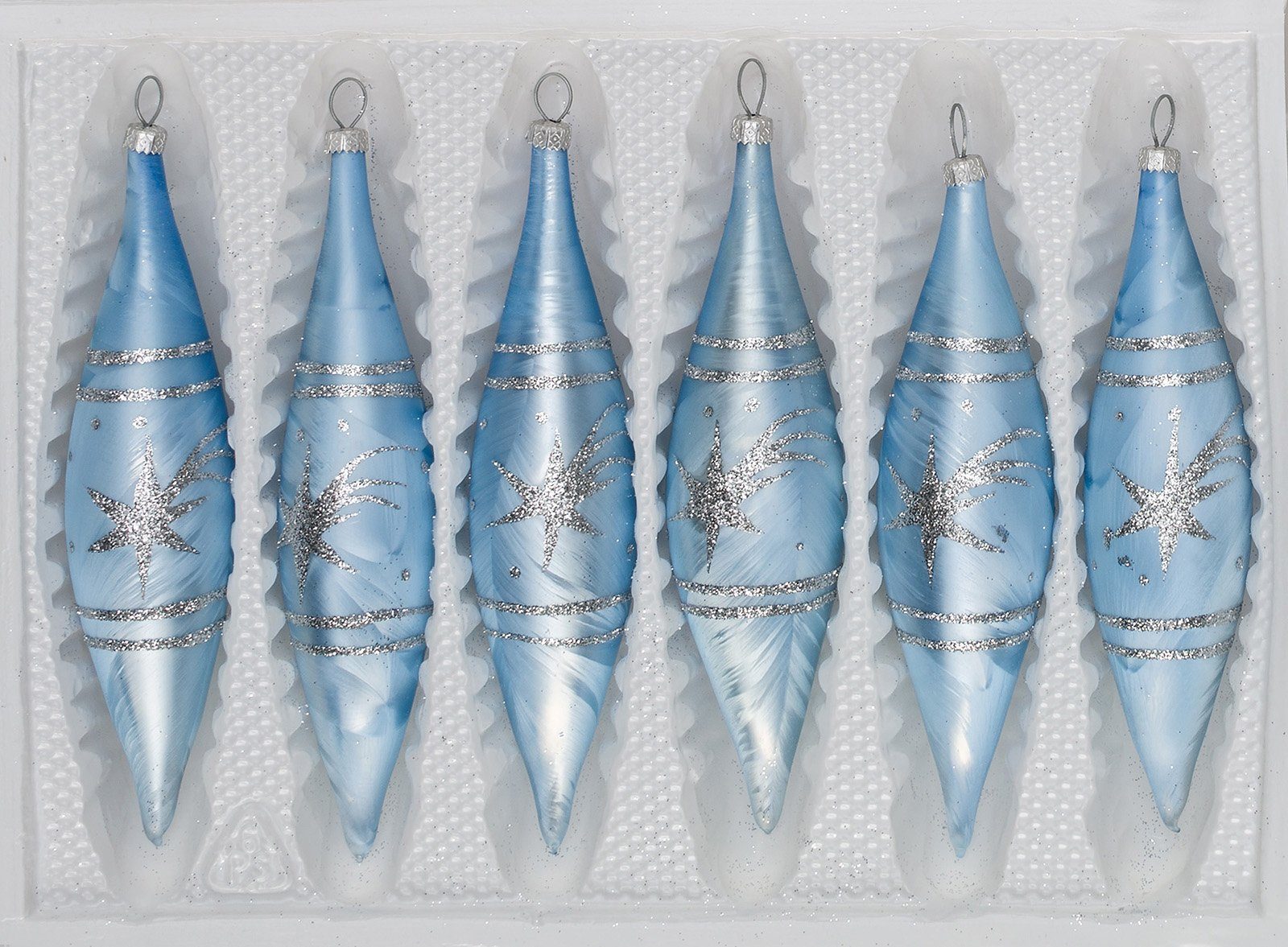 Christbaumschmuck 6 tlg. Glas-Zapfen Set in Ice Blau Silber Komet