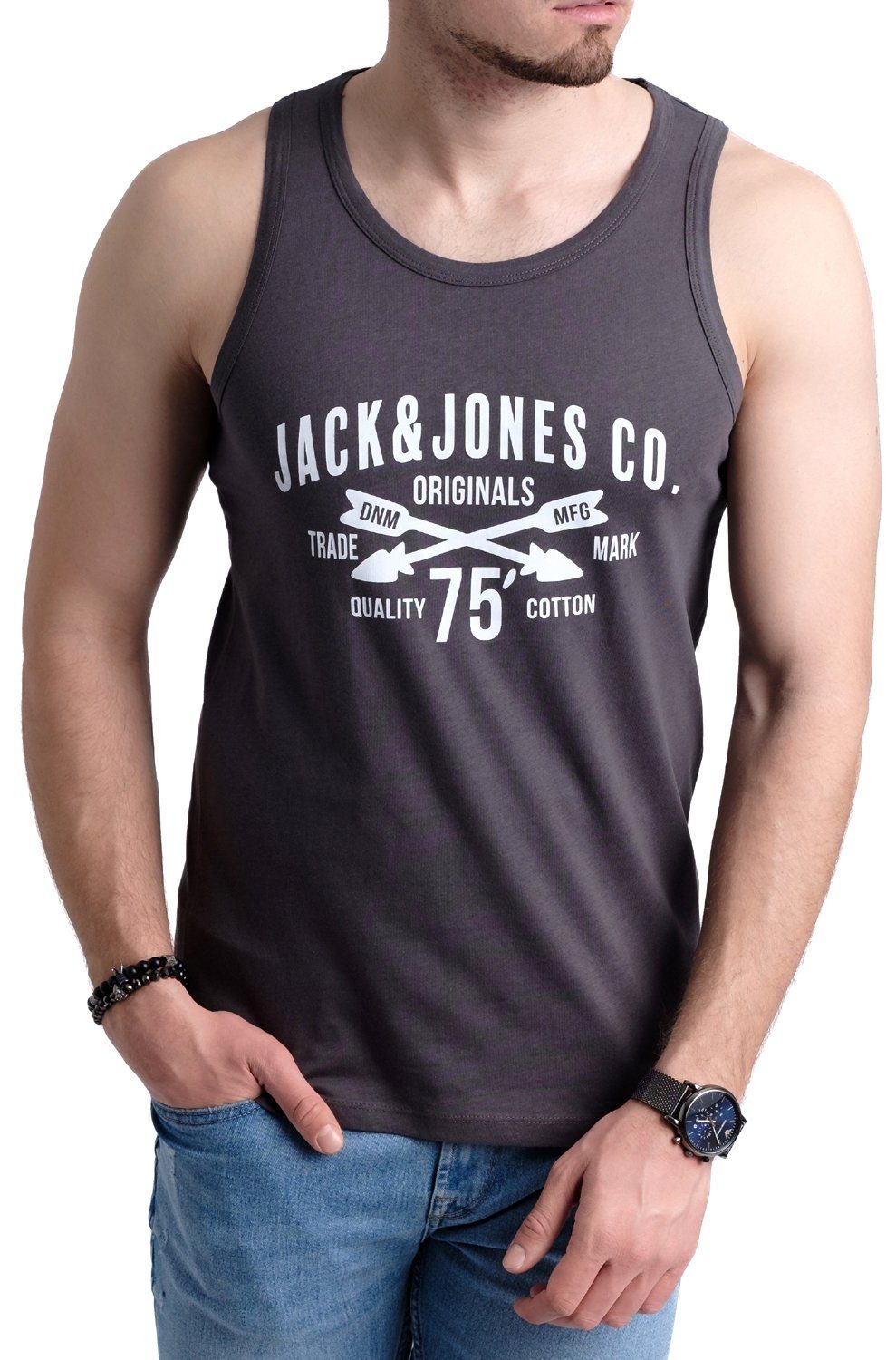 Jack & Jones Tanktop (3er-Pack) Rundhalsausschnitt, Print mit vorne Asphalt-OPT6 mit in unifarbe