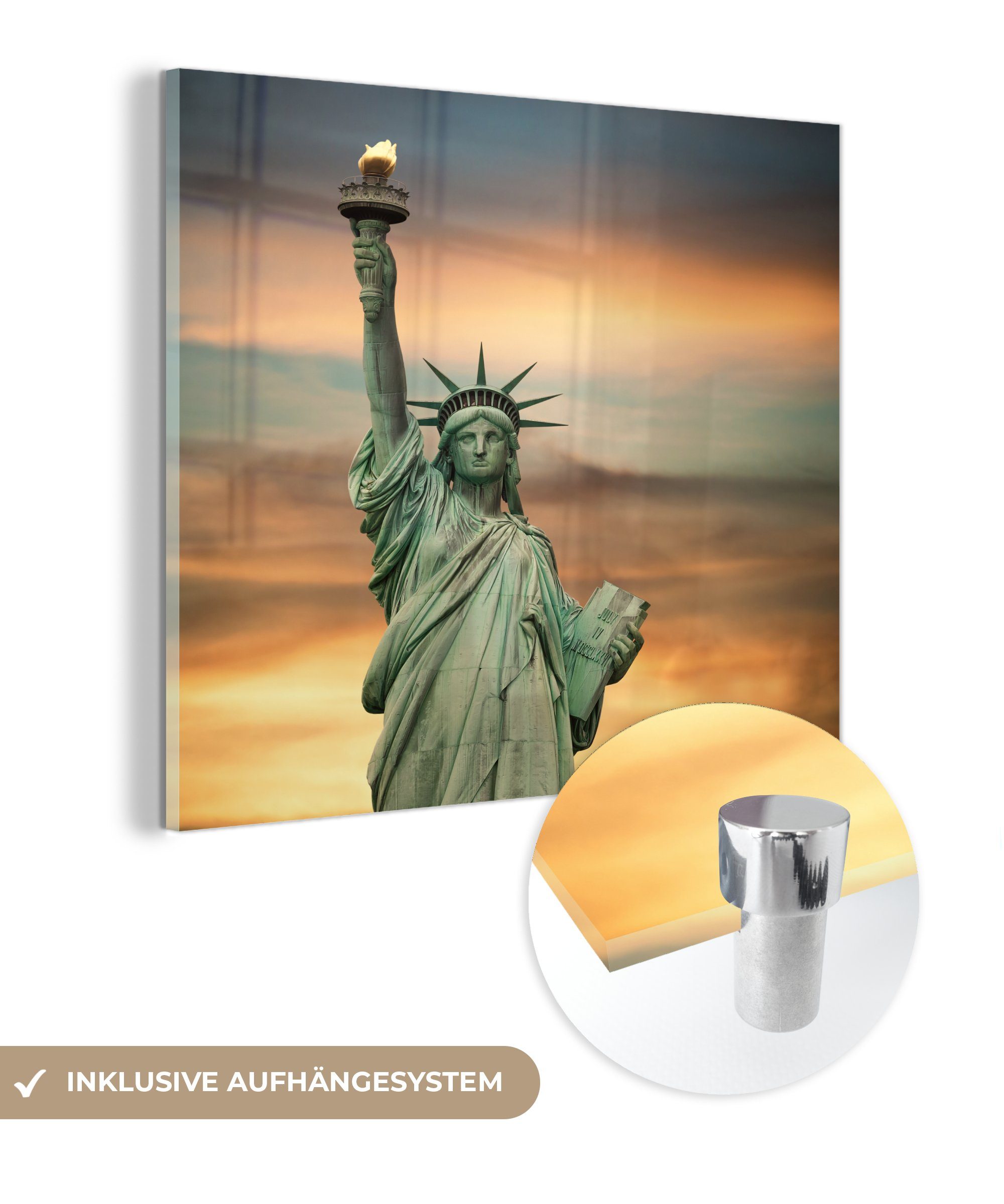 MuchoWow Acrylglasbild New York - Freiheitsstatue - Sonnenuntergang, (1 St), Glasbilder - Bilder auf Glas Wandbild - Foto auf Glas - Wanddekoration bunt