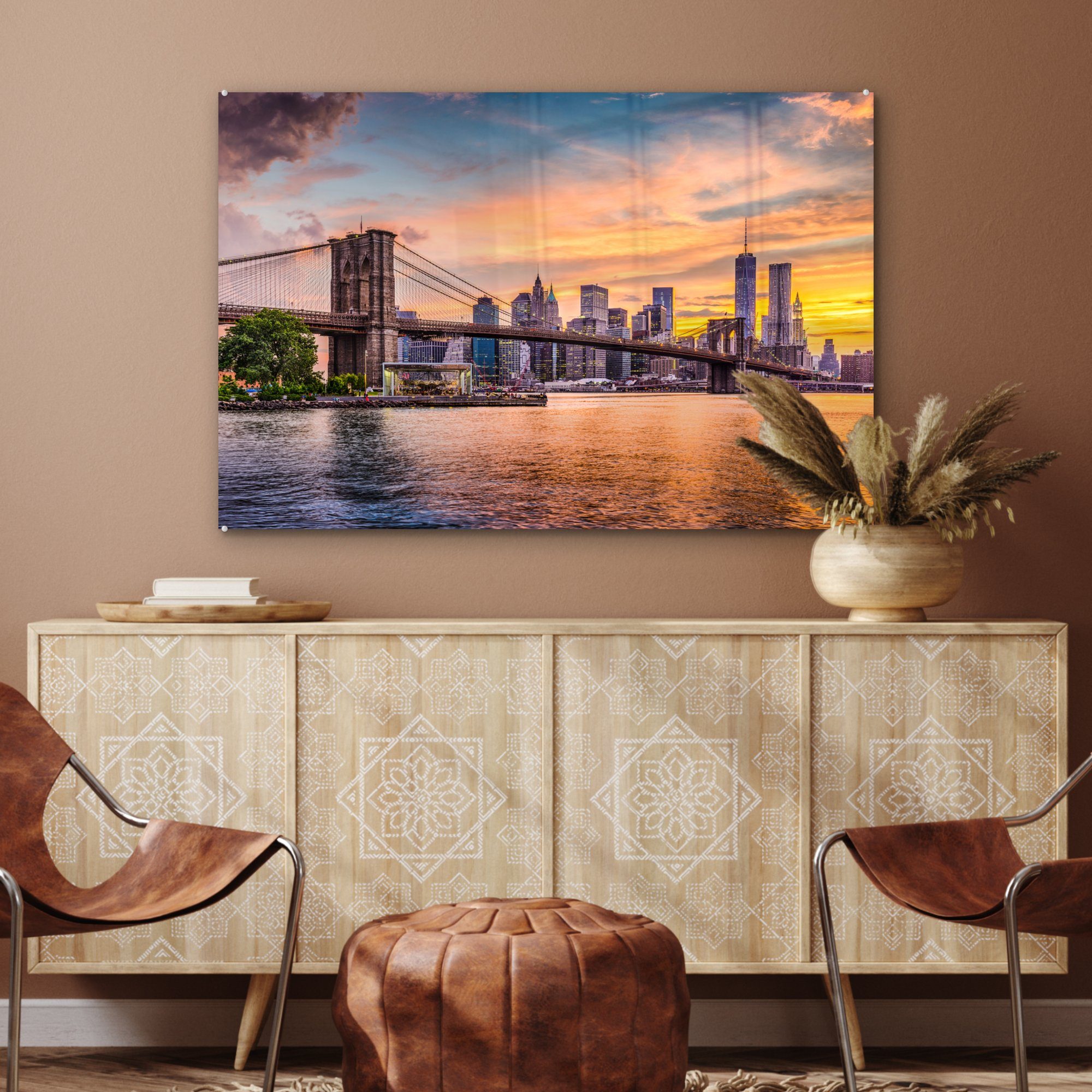 Wolken, - Bridge Acrylglasbilder Acrylglasbild MuchoWow St), Brooklyn New Schlafzimmer (1 - Wohnzimmer & York