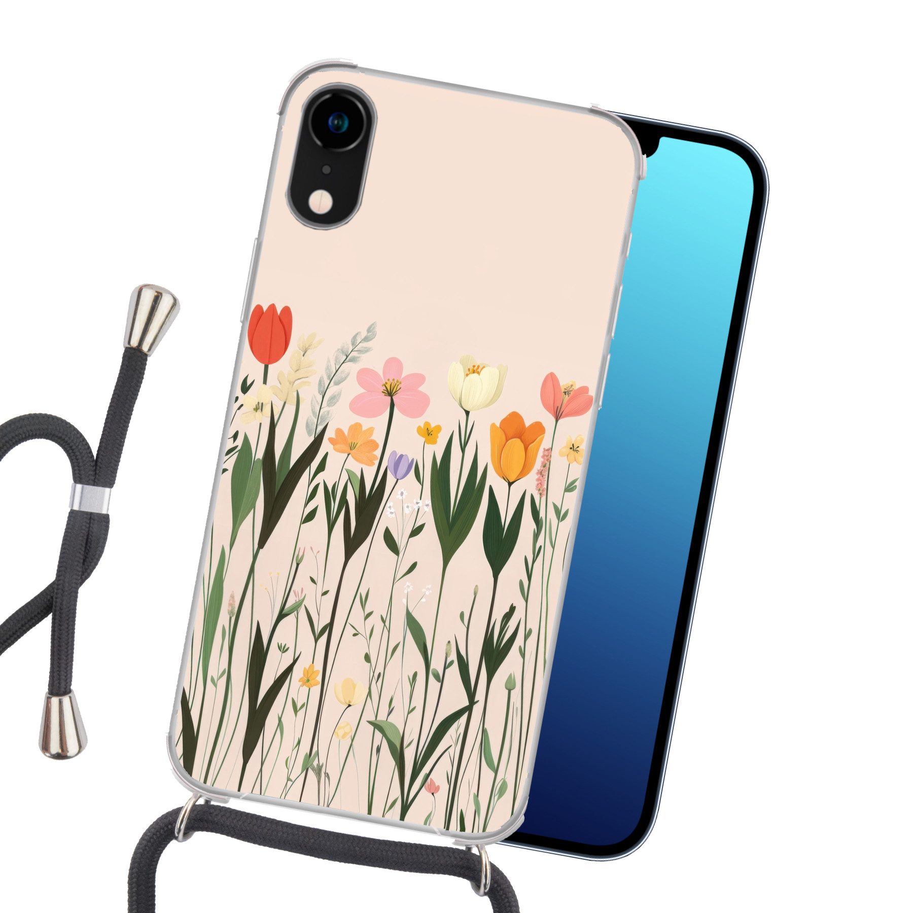 MuchoWow Handyhülle für Apple iPhone XR Pastelltöne - Blumen - Illustration, Tragbare Handyhüllen mit Kette zum umhängen, Handykette Handyband